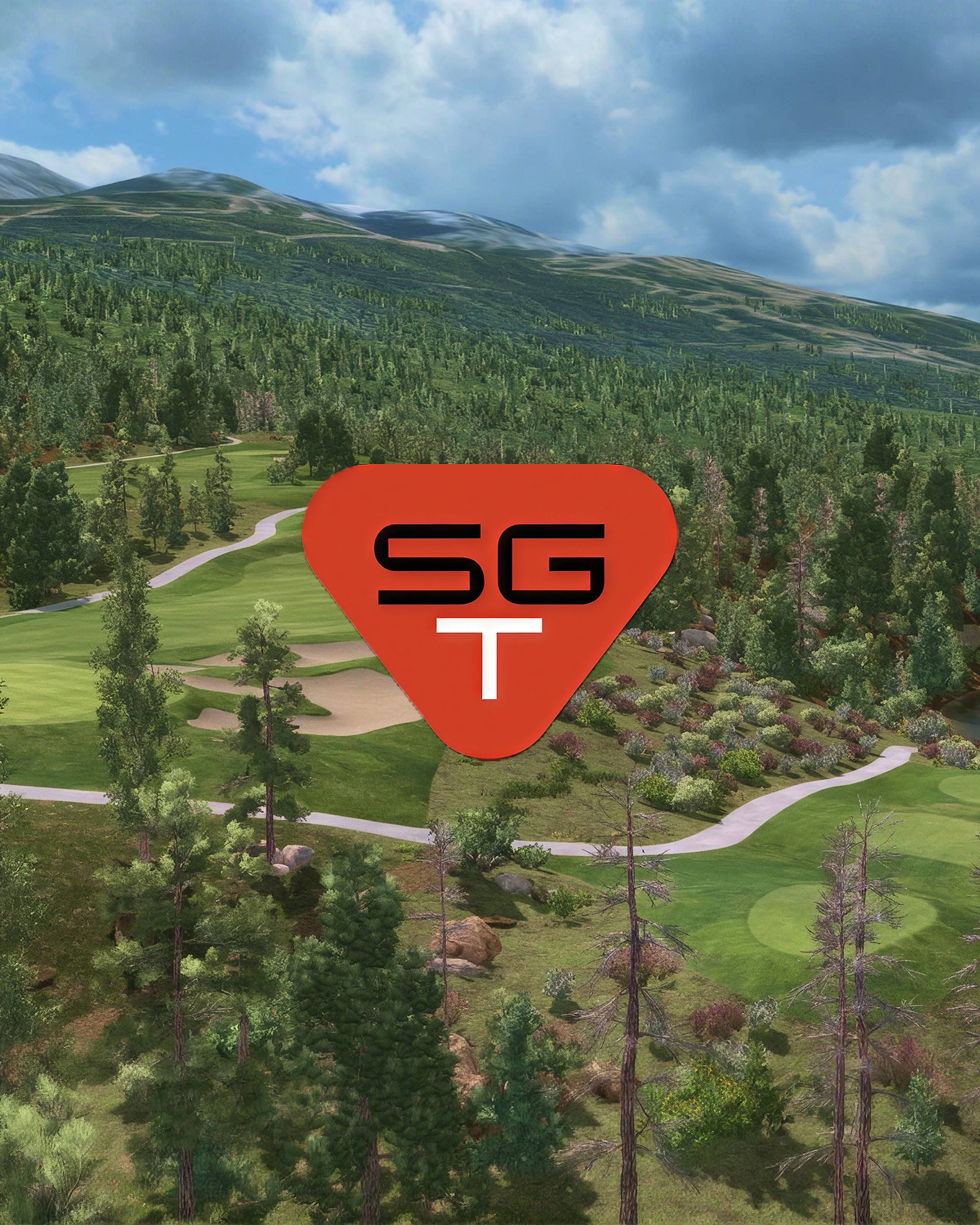 A scenic golf course surrounded by mountains and trees, with an orange SGT logo superimposed.