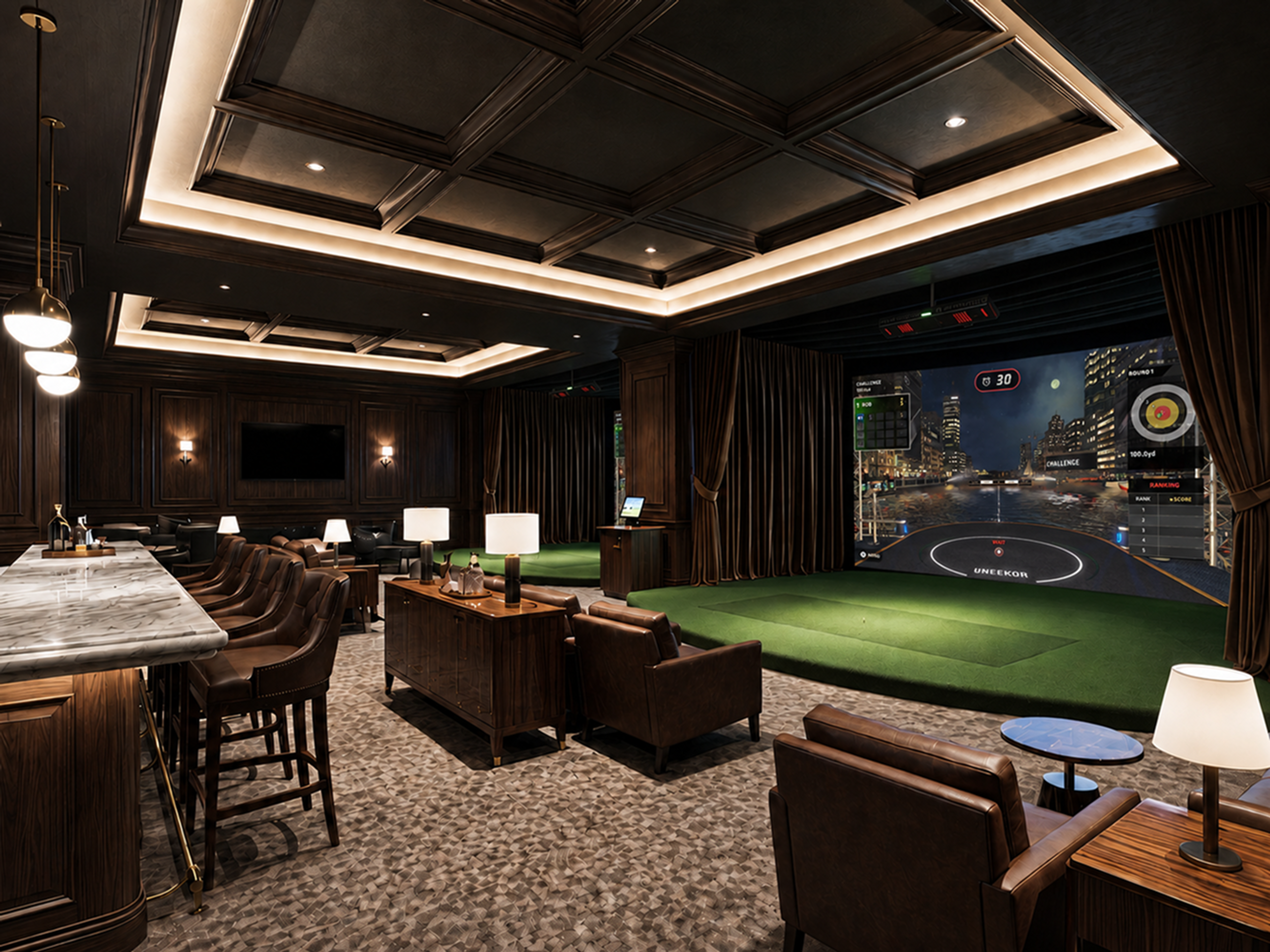 A luxurious indoor golf simulator room with a bar, lounge seating, and a large screen displaying a city golf course.