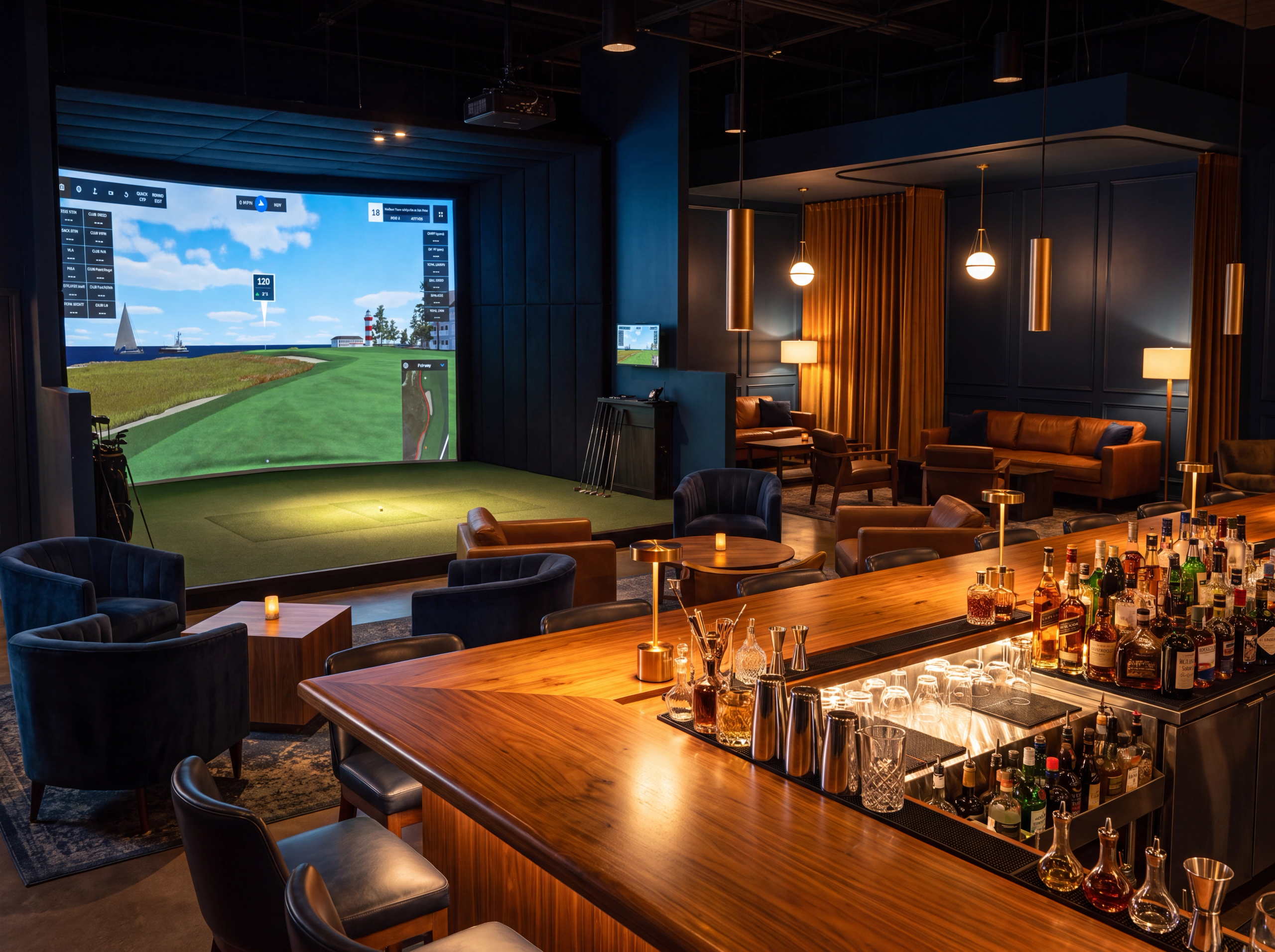 An upscale lounge with a large golf simulator screen and a fully stocked bar.