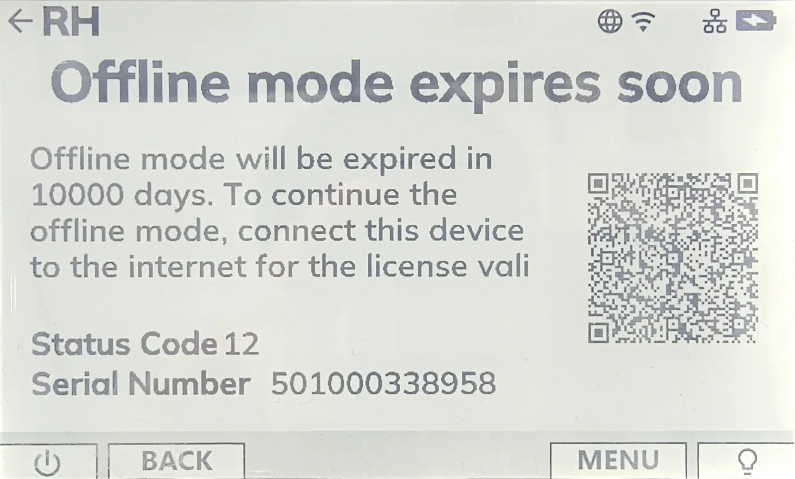 A device screen shows "Offline mode expires soon," with details about it expiring in 10000 days, a prompt to connect to the internet for license validation, a QR code, Status Code 12, and Serial Number 501000338958.