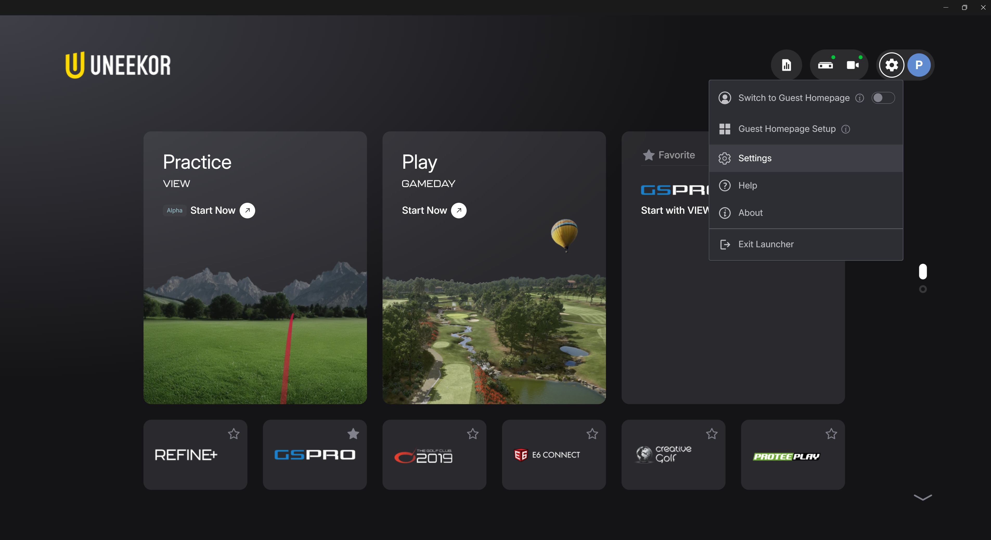 Uneekor golf simulator software interface showing practice and play options, with the settings menu open.