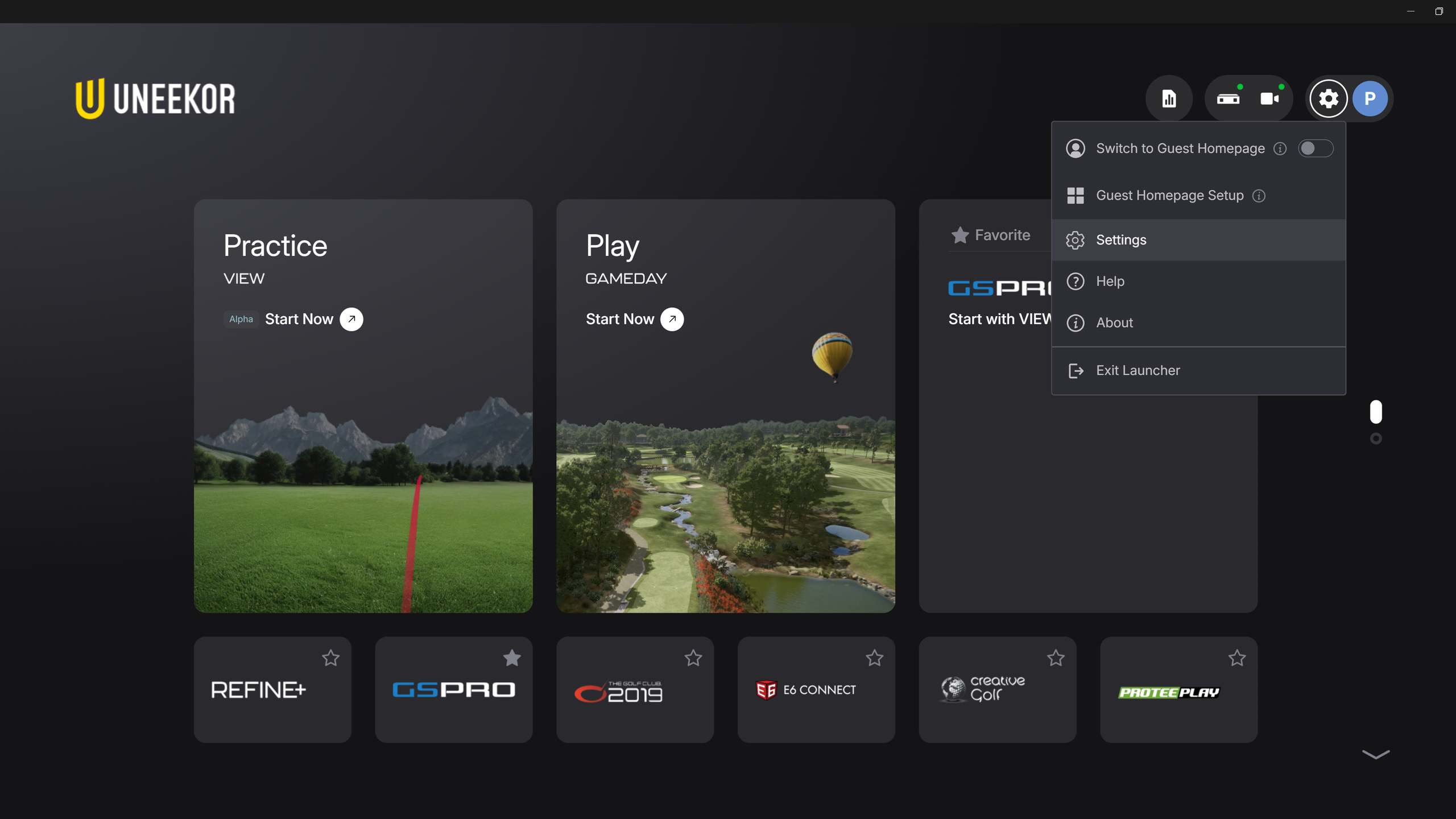 Uneekor golf simulator software interface showing practice and play options, with the settings menu open.