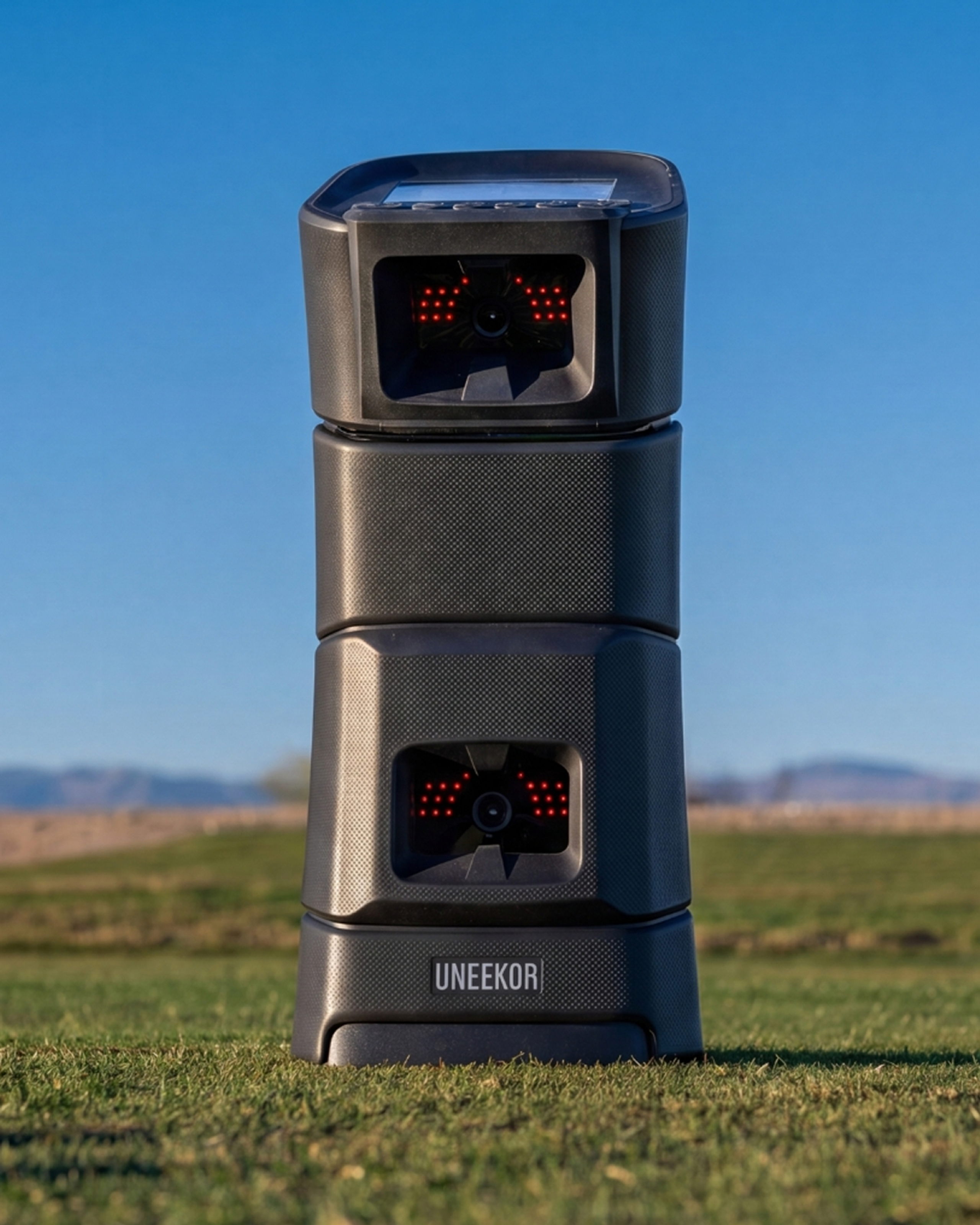 A black Uneekor golf launch monitor with red lights on a golf course.