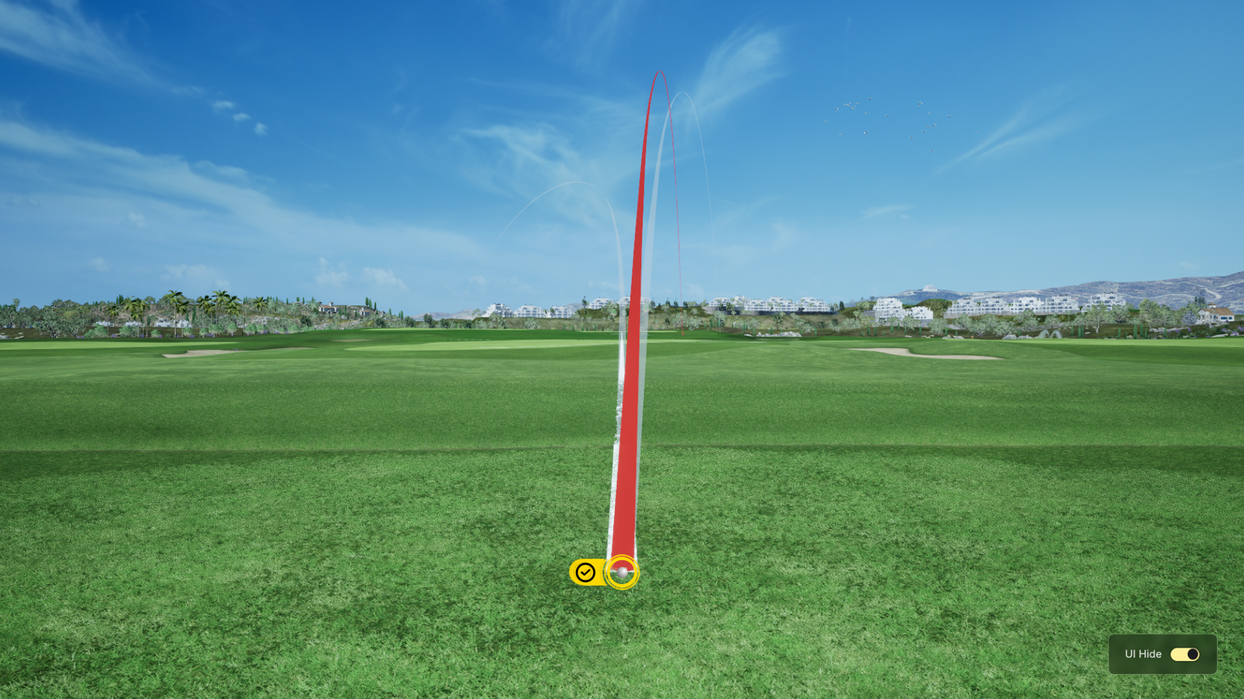 Simulated golf course with a red and white streak indicating a golf ball's flight path, with yellow markers at its base.