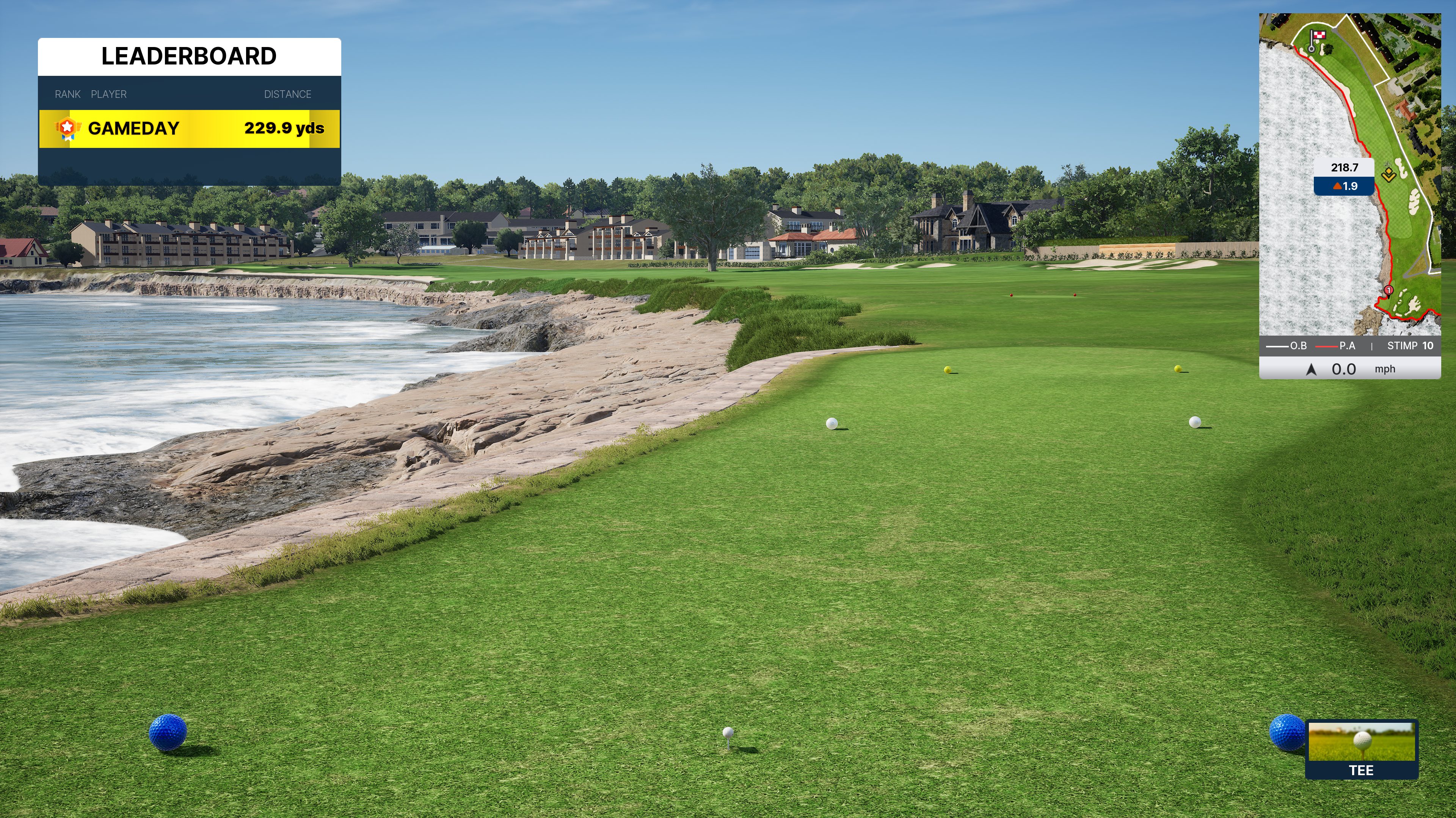 Screenshot from a golf video game showing a coastal course with UI elements for leaderboard and map.