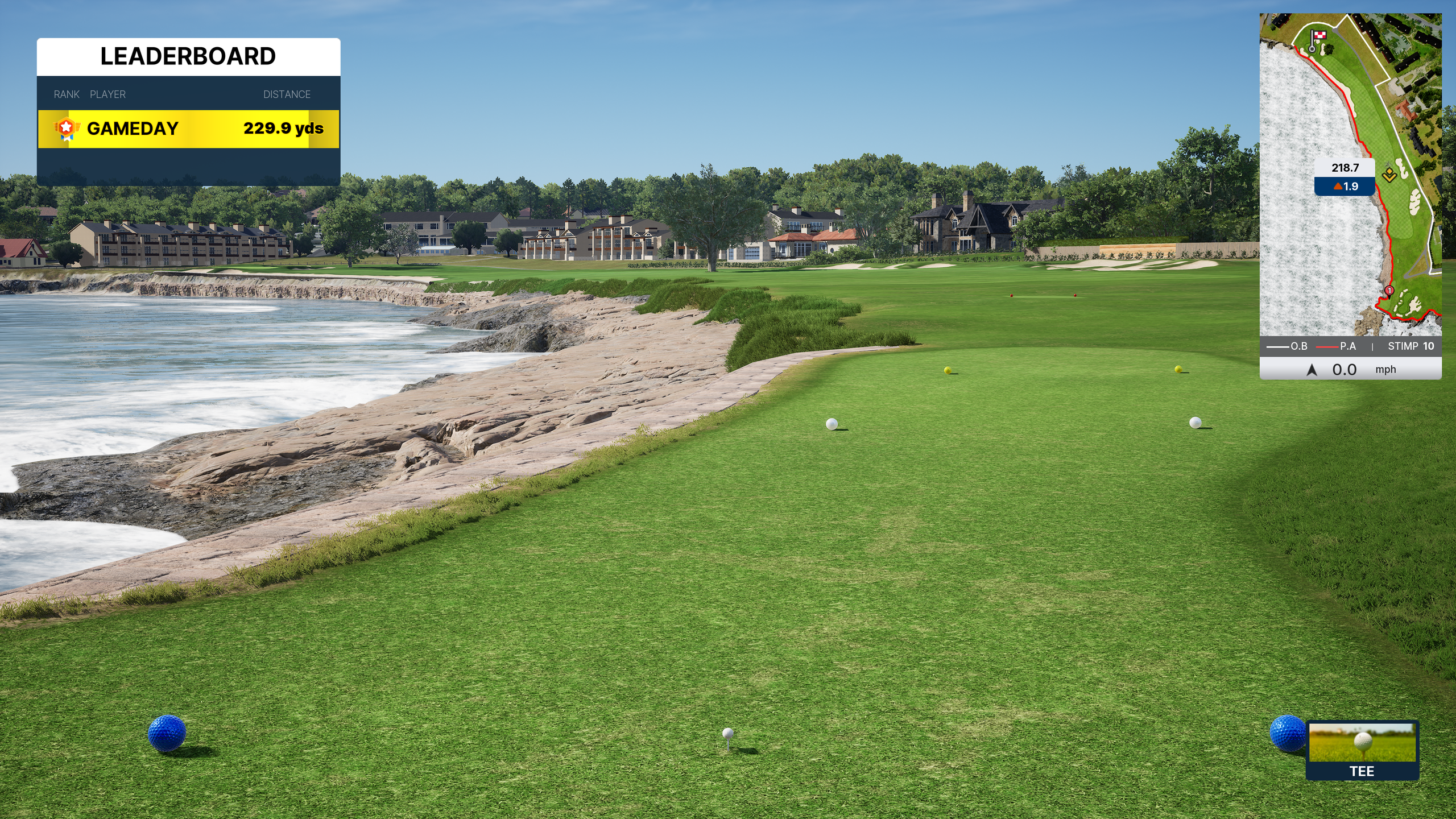 Screenshot from a golf video game showing a coastal course with UI elements for leaderboard and map.