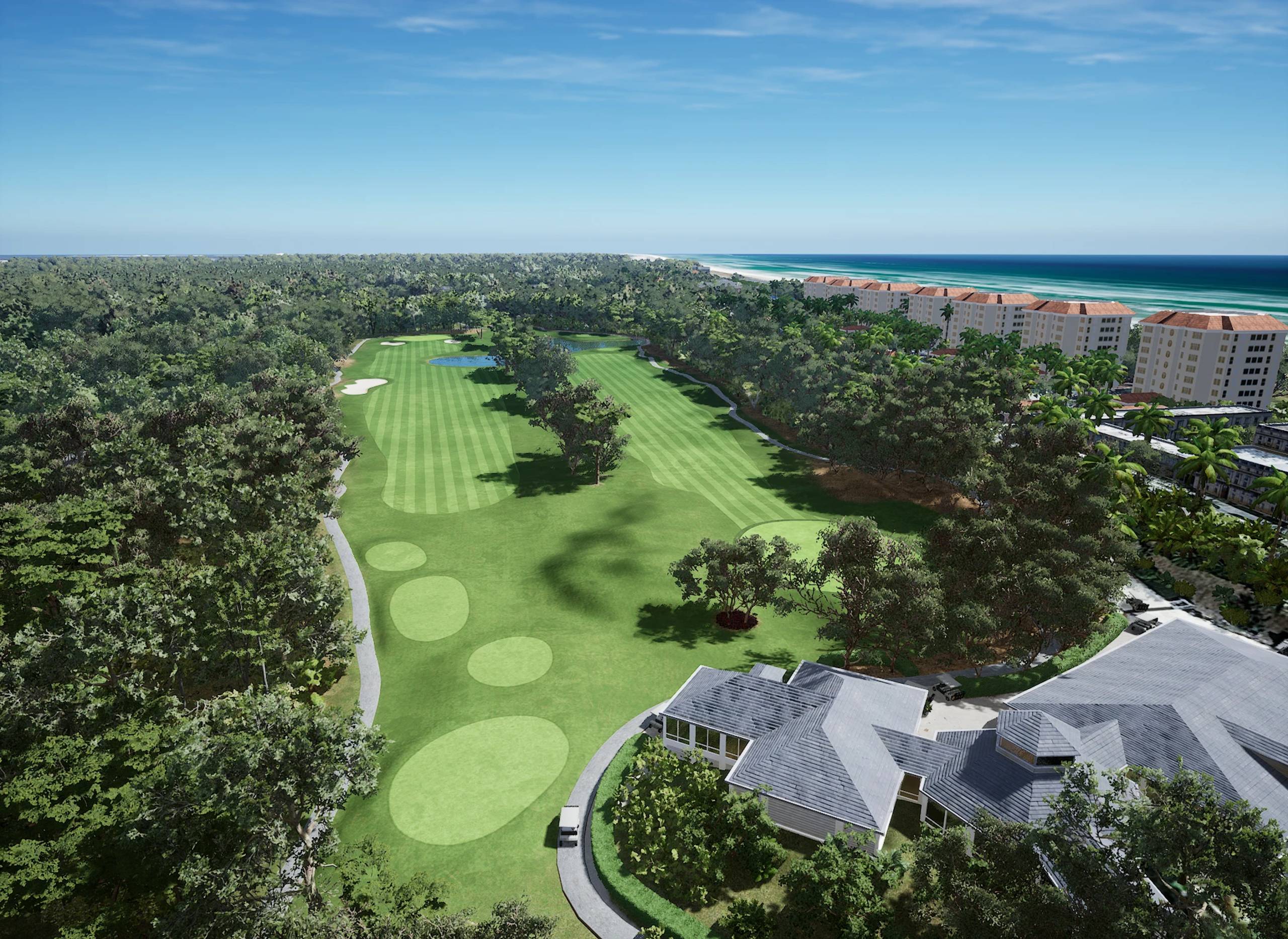Aerial view of a golf course with a clubhouse, surrounded by lush trees, with beachside resorts and the ocean in the background.