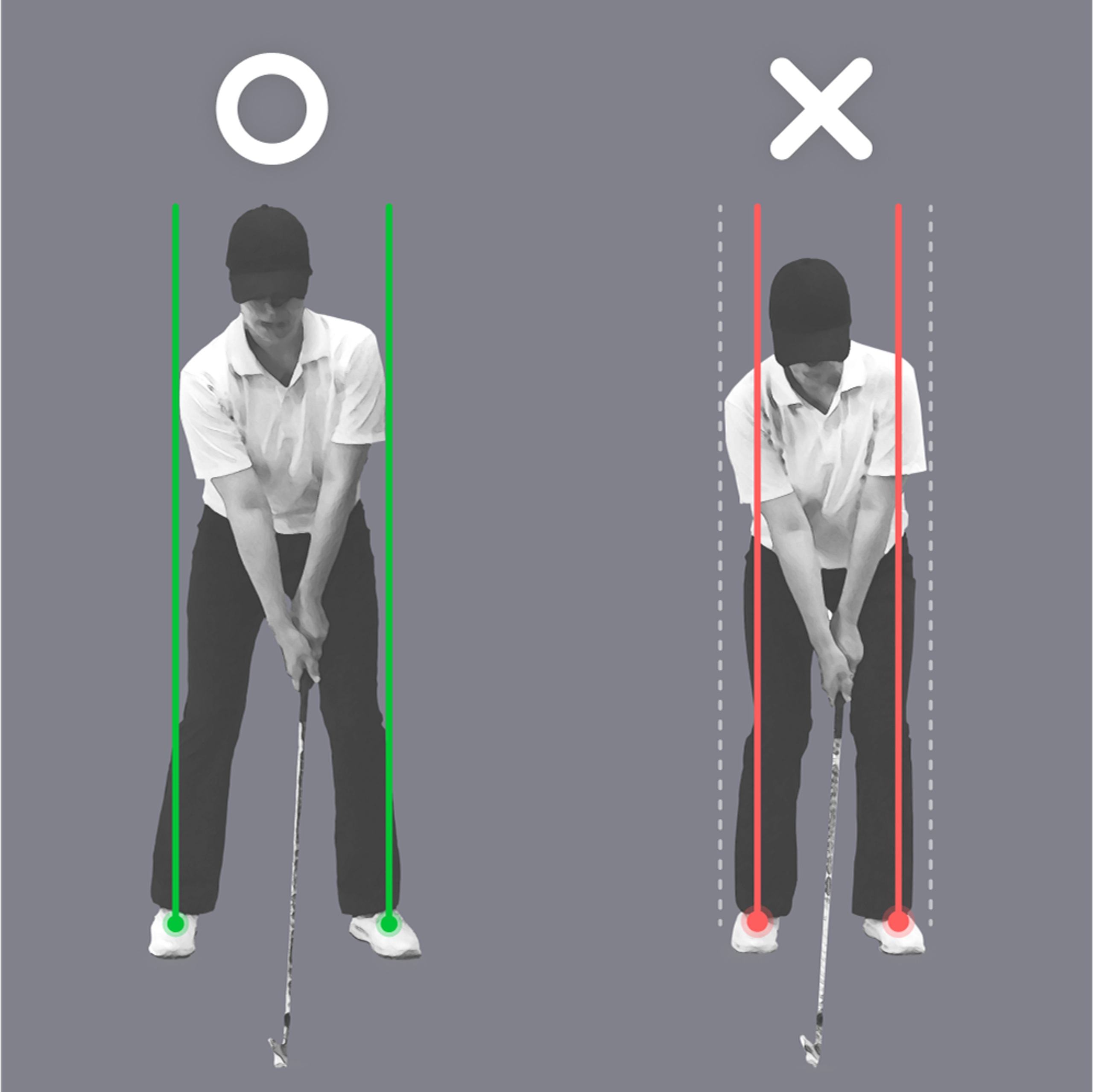 Diagram comparing correct wide golf stance (left, green lines) to incorrect narrow golf stance (right, red lines).