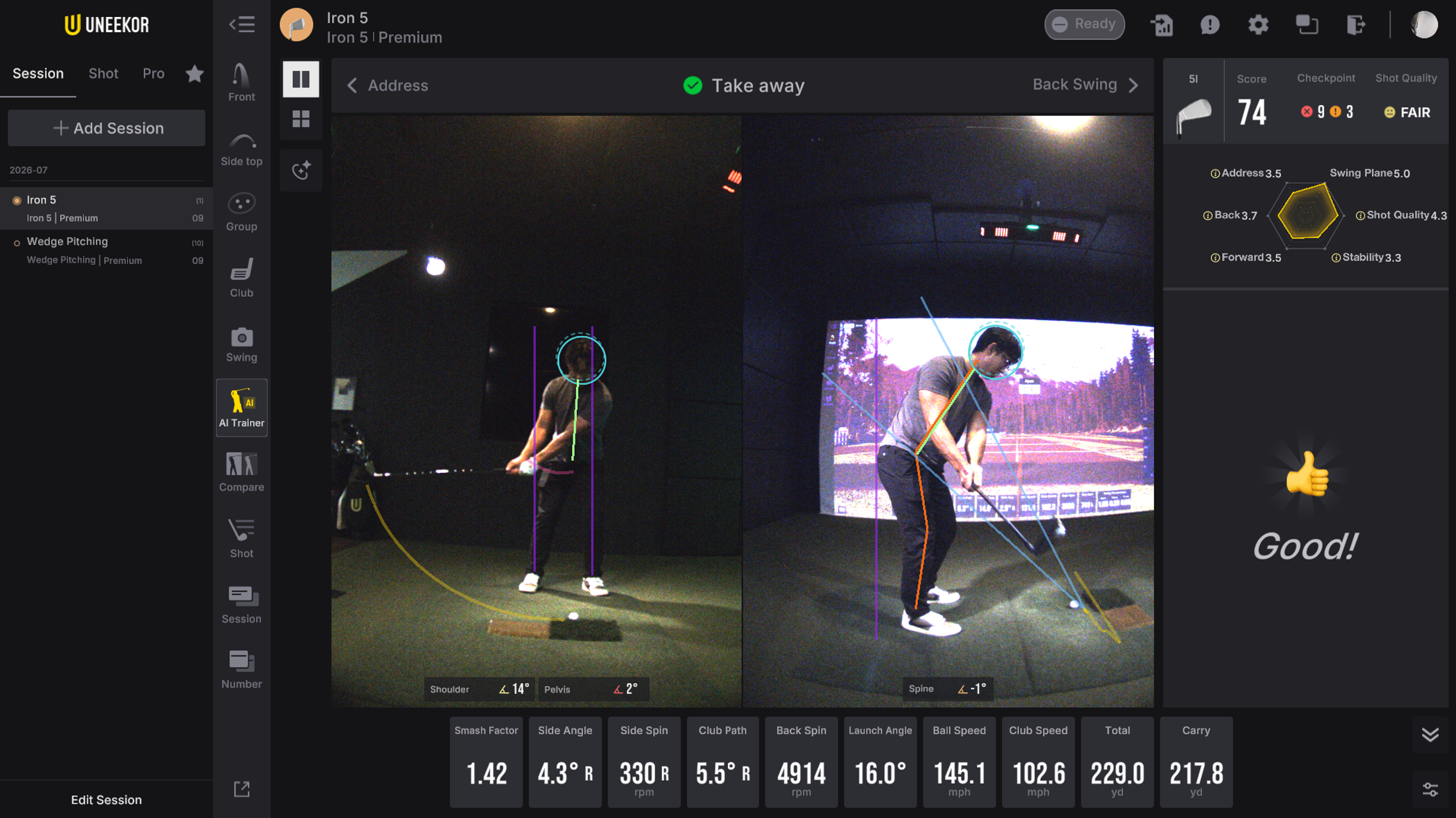 Golf simulator interface showing two views of a golfer with analysis overlays, metrics, and "Good!" performance feedback.