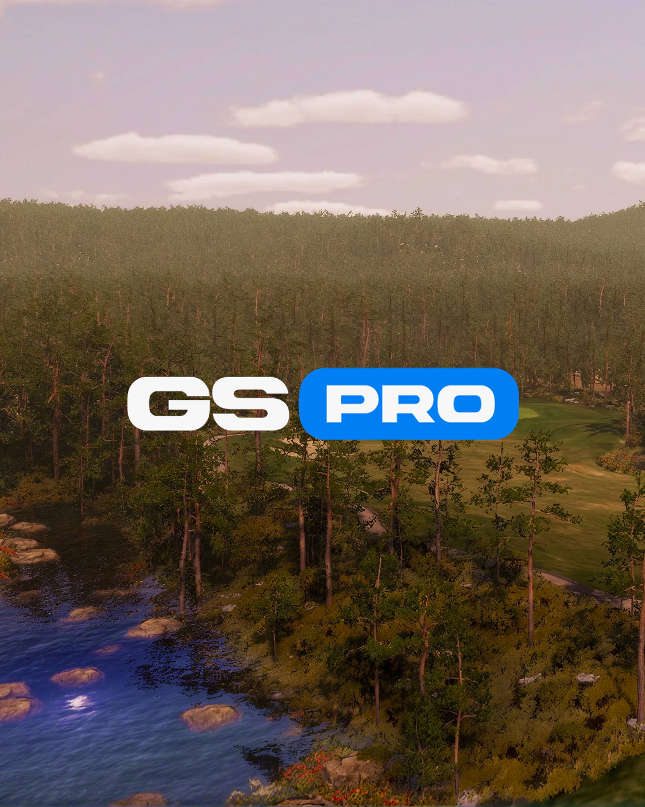 GS PRO logo over a golf course with a river and forest.
