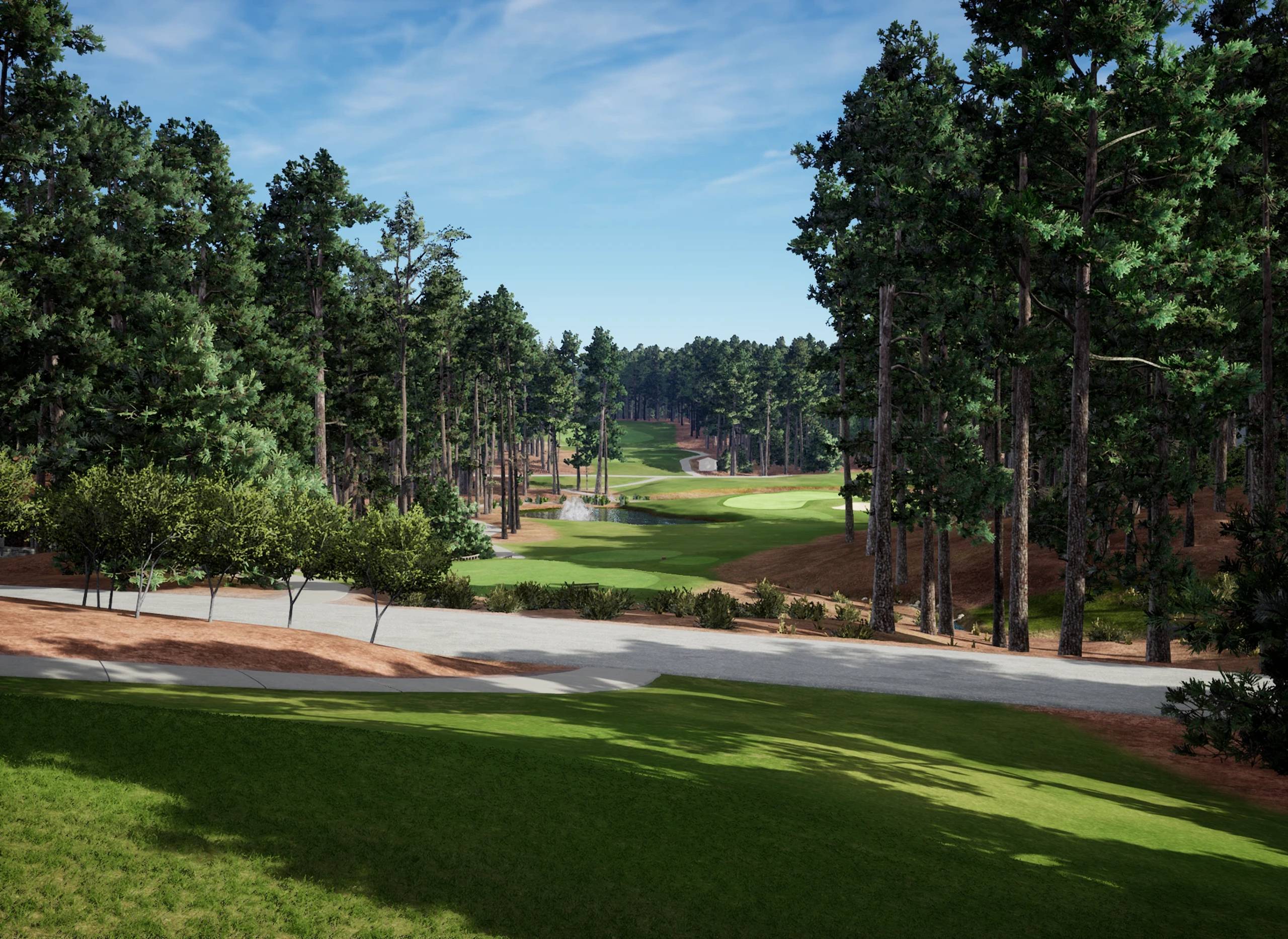 A lush golf course with tall pine trees, a cart path, and a water feature with a fountain.