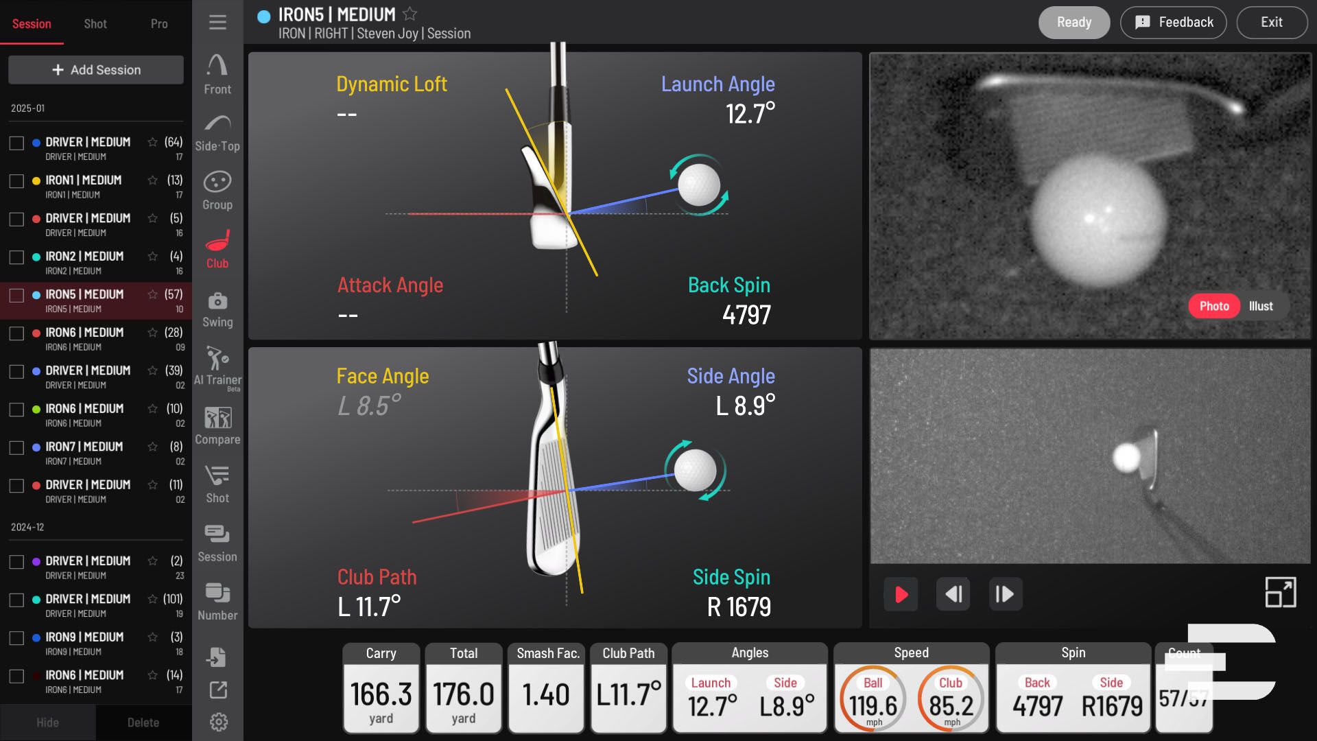 Golf simulator screen displaying iron shot analysis, including club and ball angles, speeds, spin, and distances, alongside diagrams and two grey-scale videos of the ball impact.