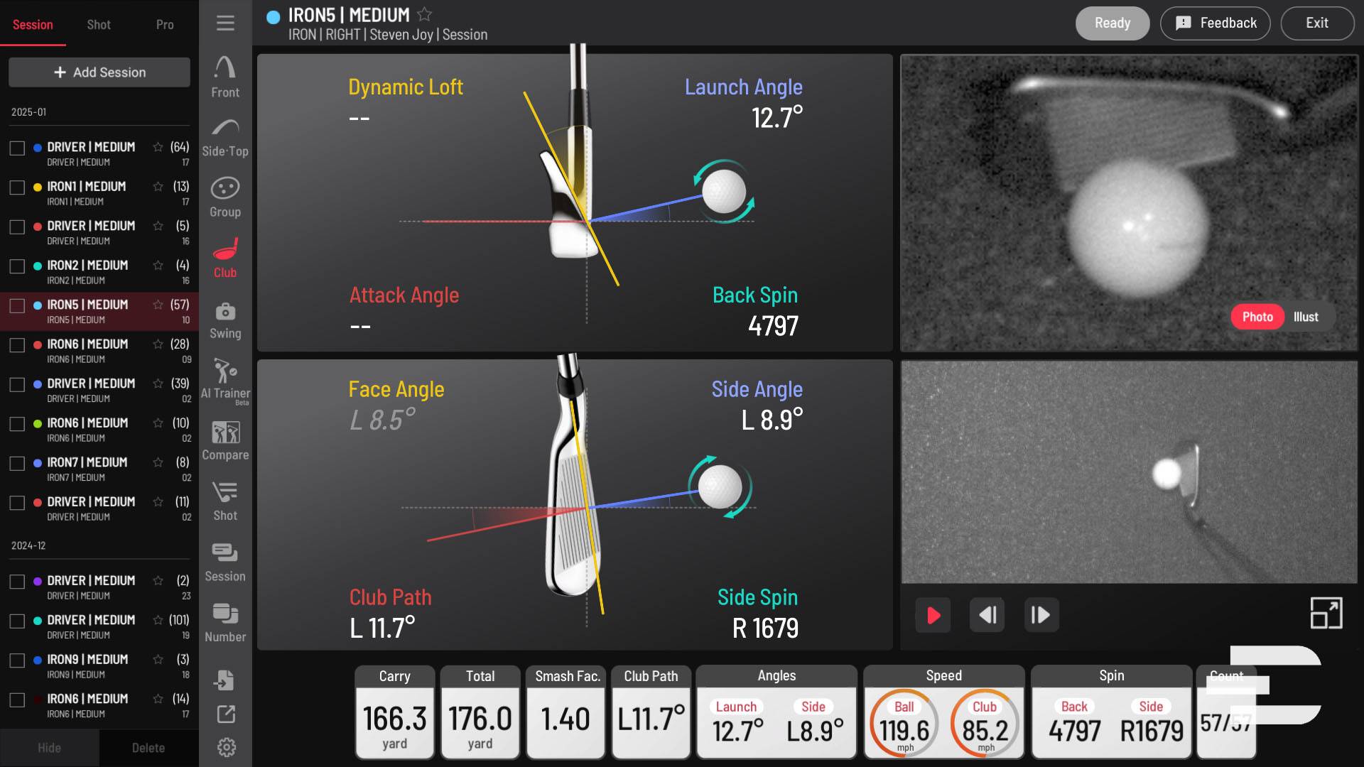 Golf simulator screen displaying iron shot analysis, including club and ball angles, speeds, spin, and distances, alongside diagrams and two grey-scale videos of the ball impact.