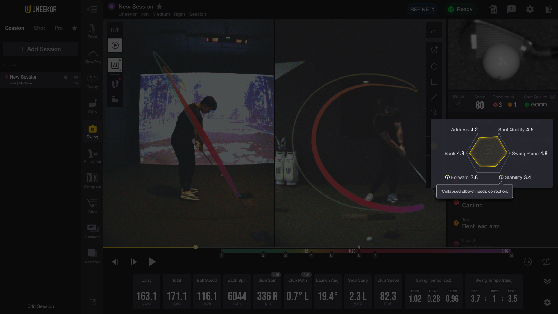 Dark golf swing analysis software showing a golfer in two video panes with overlaid swing path graphics, and a popup displaying swing metrics like "Swing Quality 4.5" and a "Collapsed elbow" correction.
