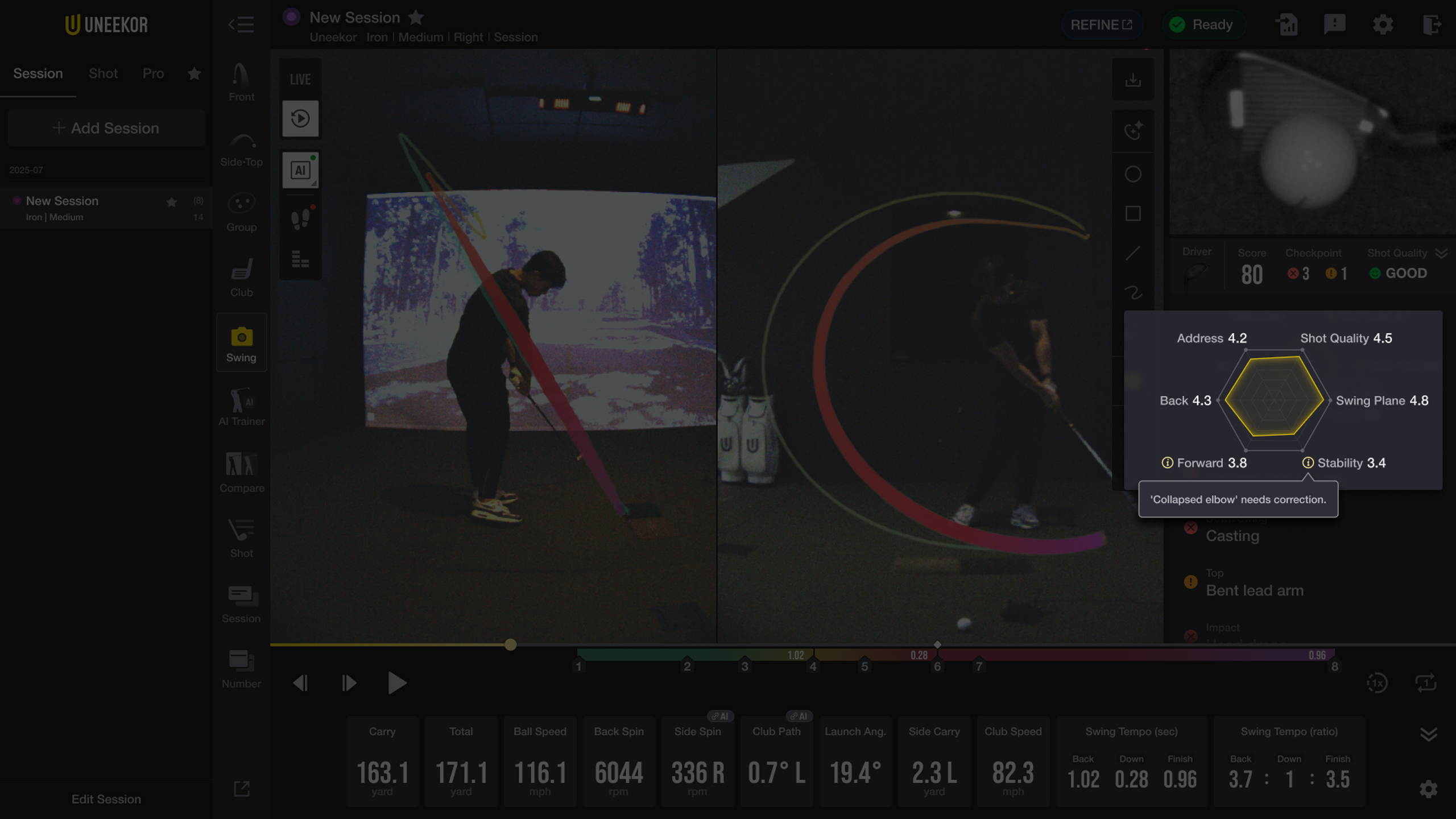 Dark golf swing analysis software showing a golfer in two video panes with overlaid swing path graphics, and a popup displaying swing metrics like "Swing Quality 4.5" and a "Collapsed elbow" correction.
