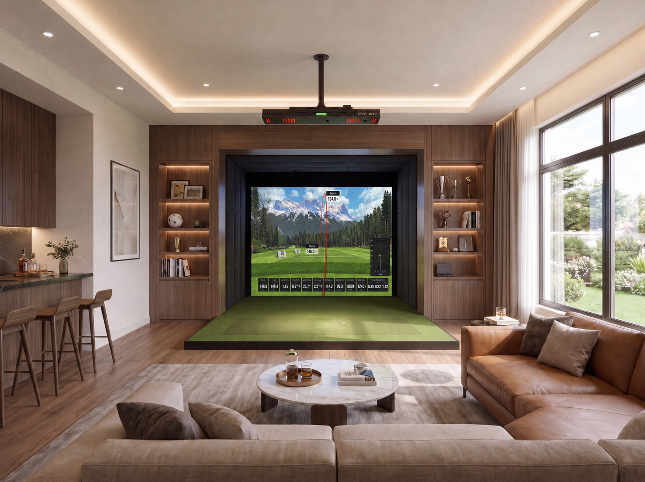 A luxurious modern living room with an integrated golf simulator setup, featuring a large screen, hitting mat, comfortable sofas, and a bar area, with a garden visible through large windows.