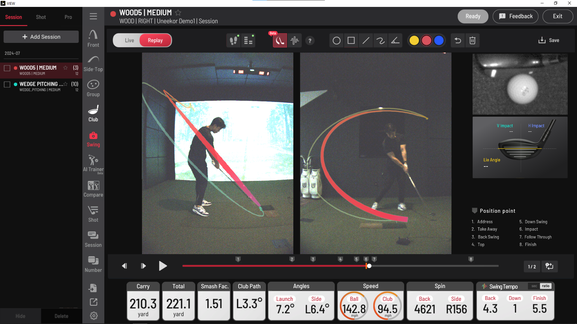 A golf simulator interface displays two video views of a golfer's swing with overlaid path analysis, showing detailed data like ball and club speed.