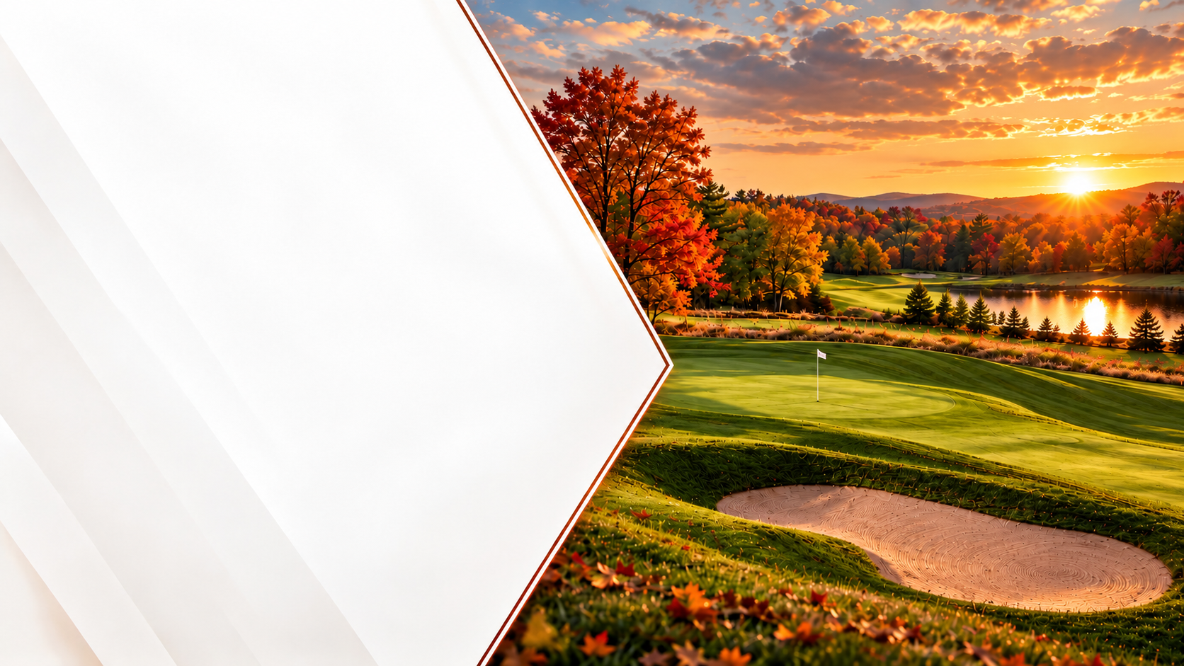 Vibrant autumn golf course with a lake at sunset, overlaid by a prominent white diagonal element.