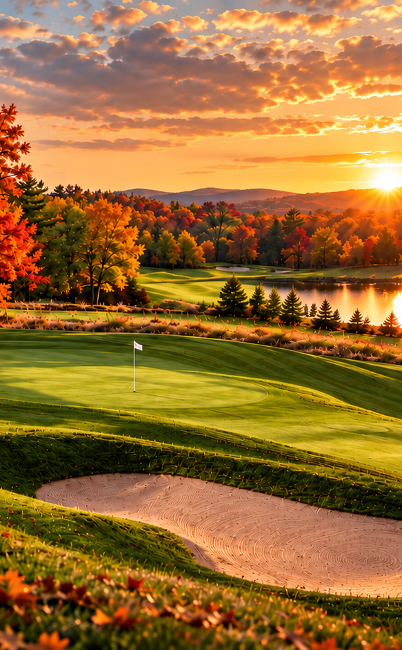 Vibrant autumn golf course with a lake at sunset, overlaid by a prominent white diagonal element.