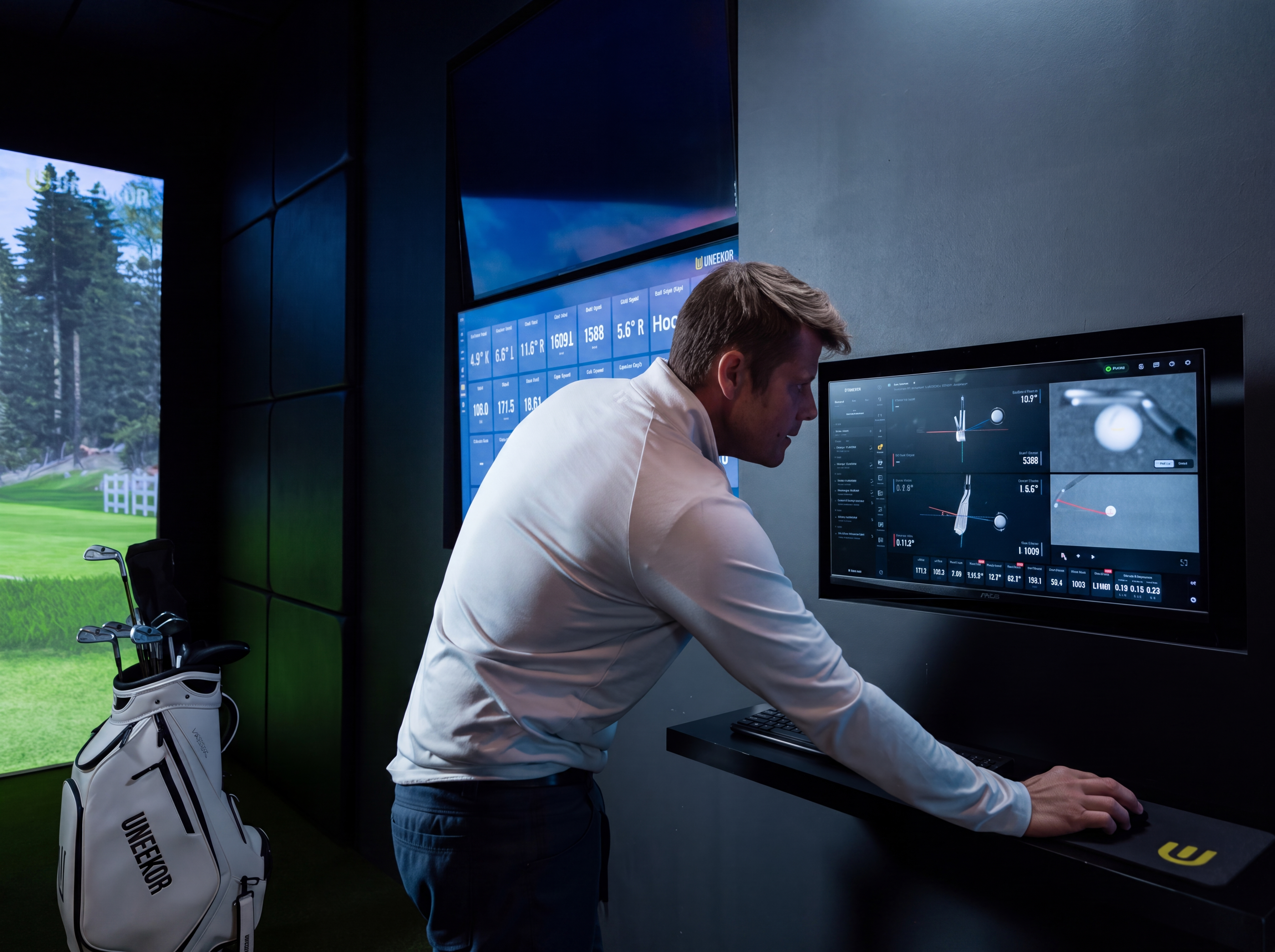 A man interacts with a golf simulator, viewing swing data on a screen with a virtual golf course projected nearby.