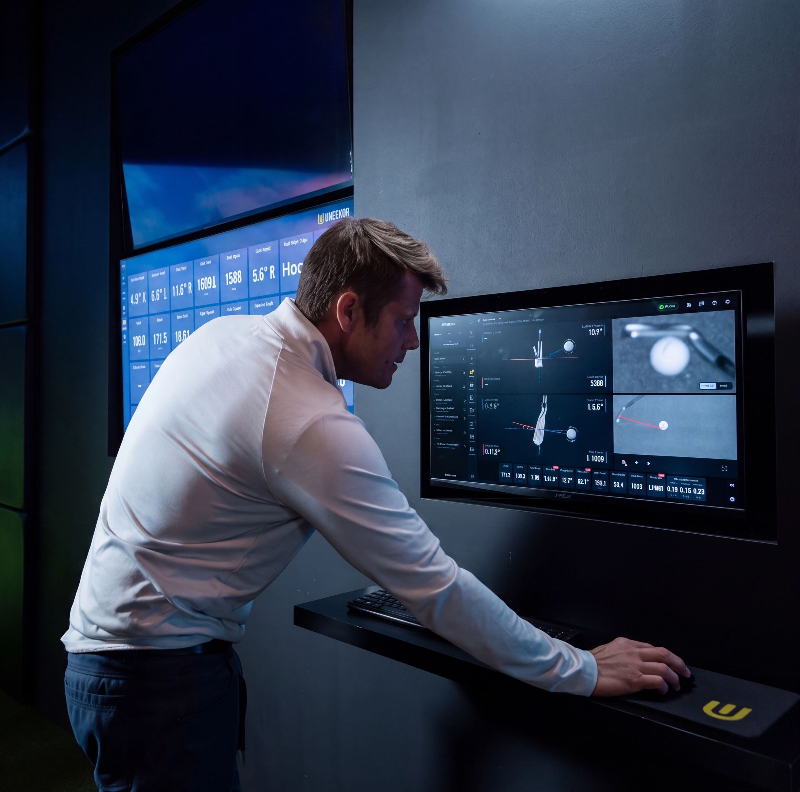 A man interacts with a golf simulator, viewing swing data on a screen with a virtual golf course projected nearby.