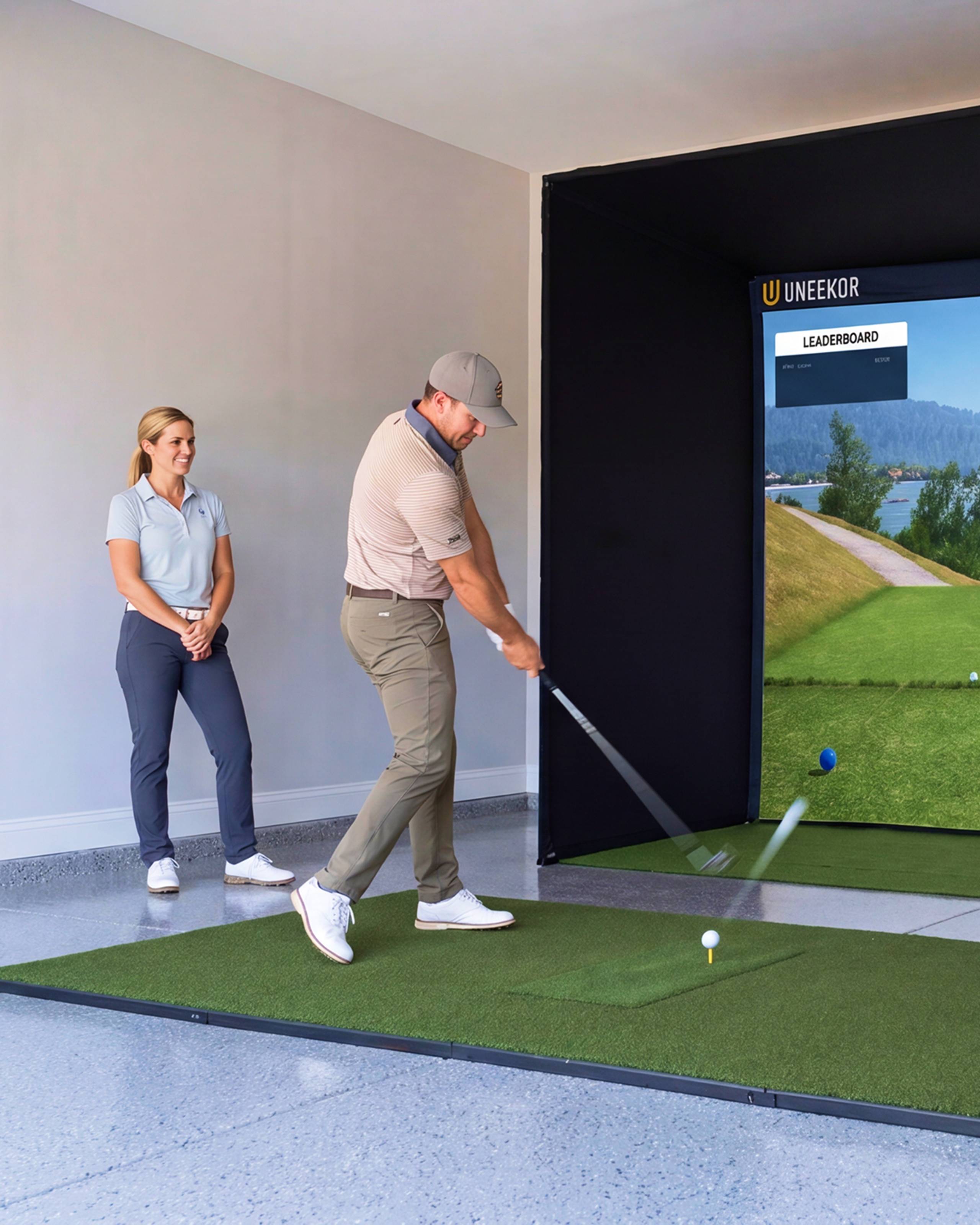 A man hits a golf ball on a Uneekor golf simulator while a woman watches.