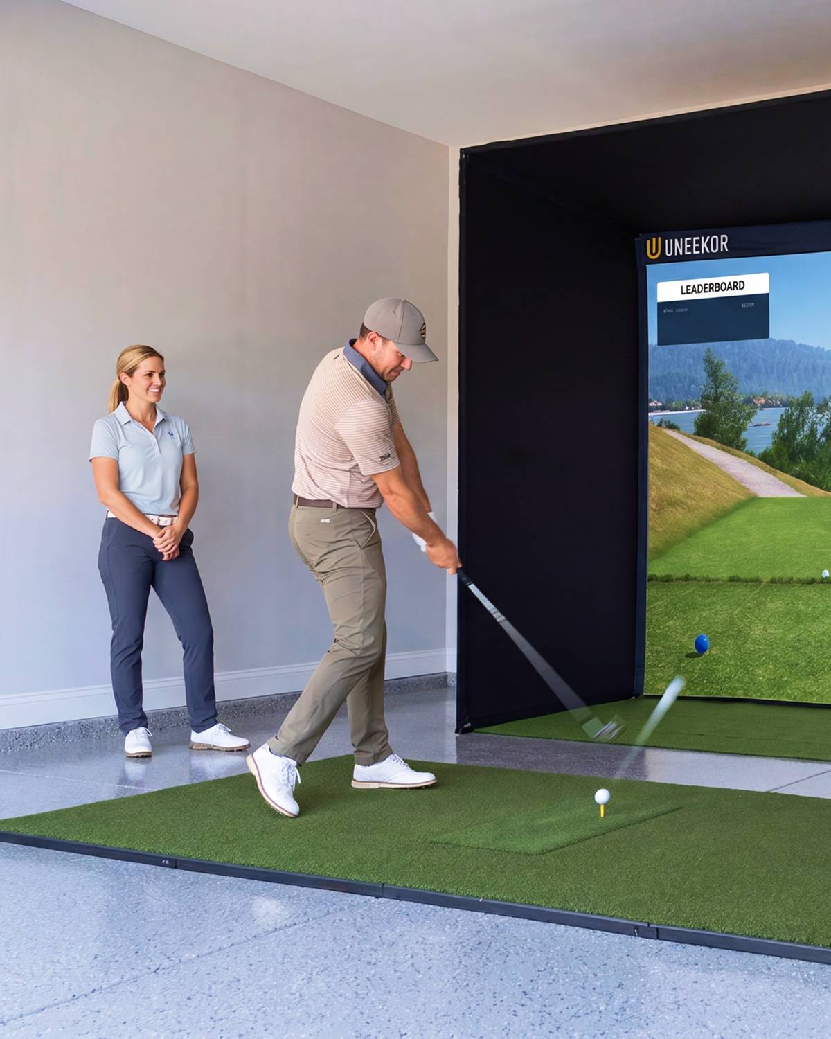 A man swings a golf club on a Uneekor golf simulator as a woman watches.
