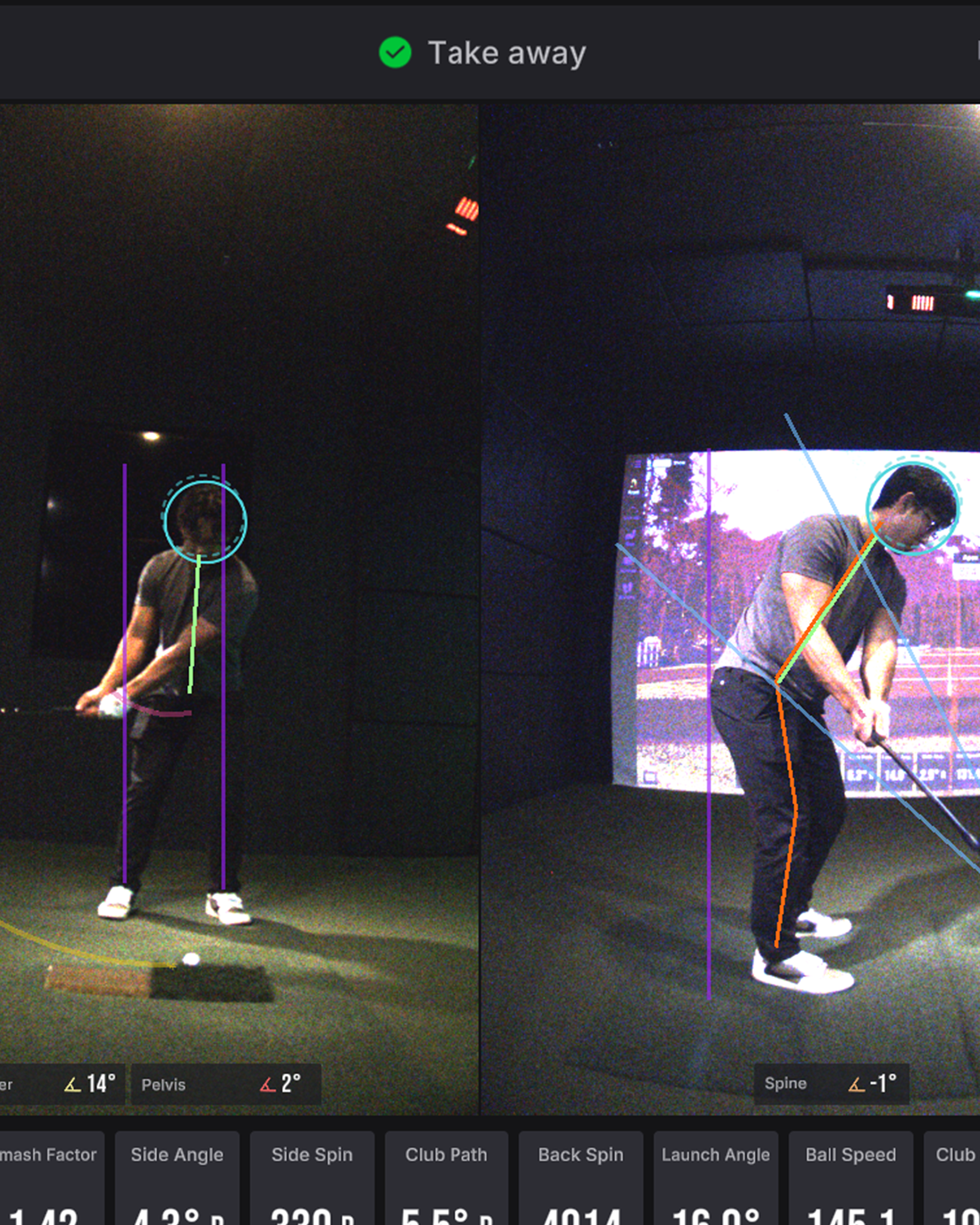 Split screen golf simulator analysis of a man's swing, showing 'take away' and address positions with overlaid metrics.