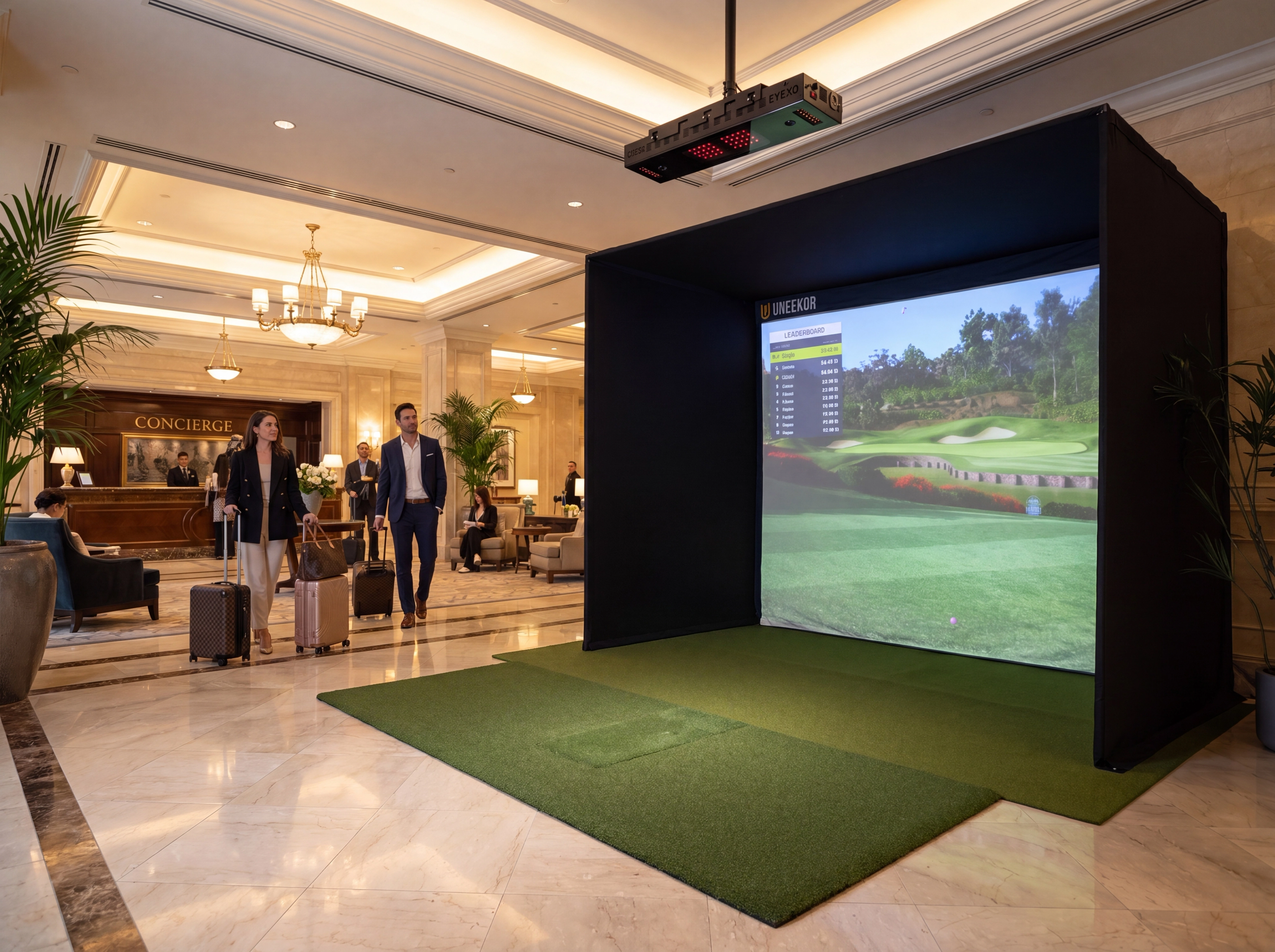 A golf simulator displaying a golf course scene, set up in a luxurious hotel lobby with guests walking past.
