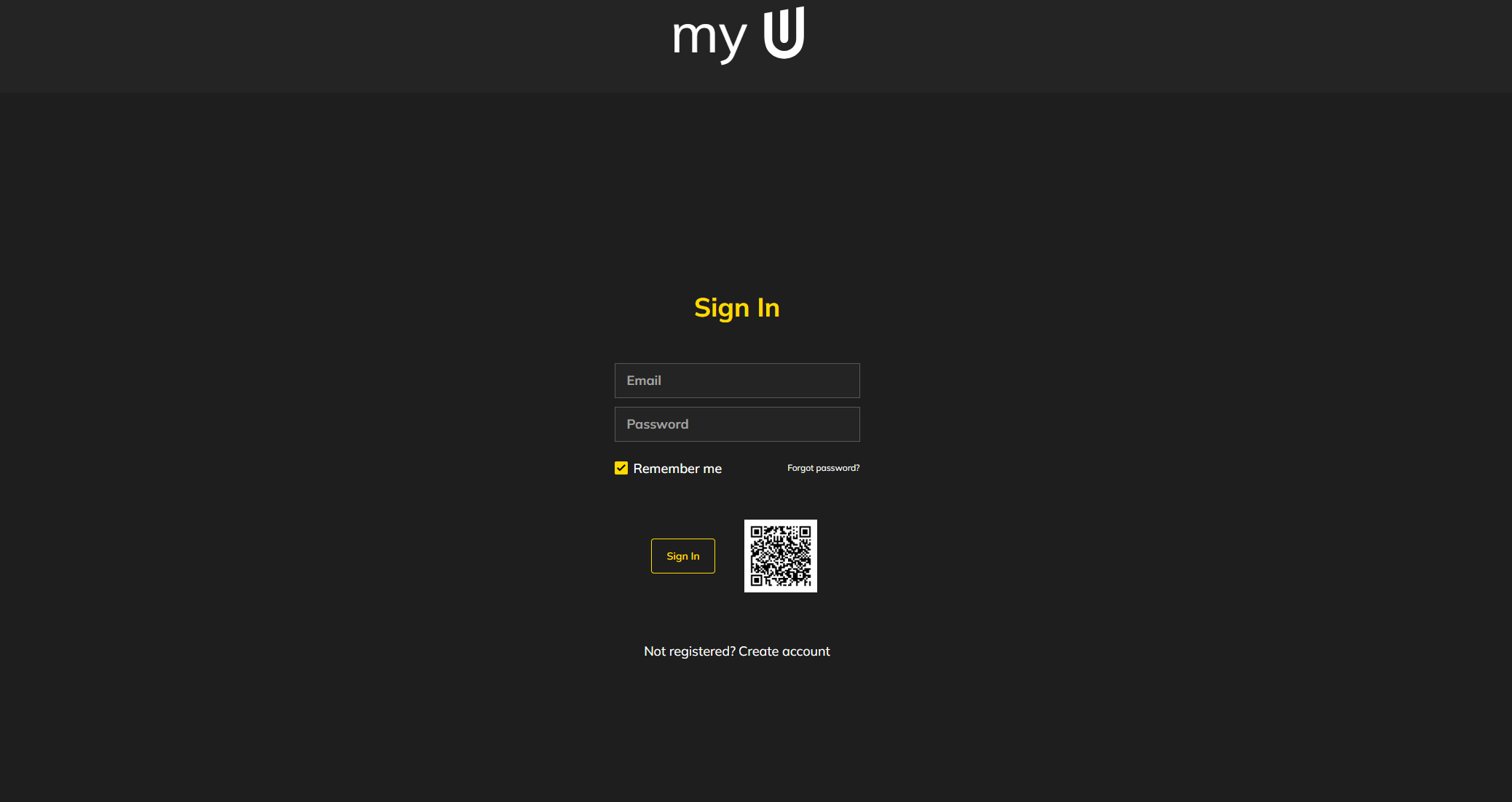 A login page for "my U" with fields for email and password, a Sign In button, and a QR code.