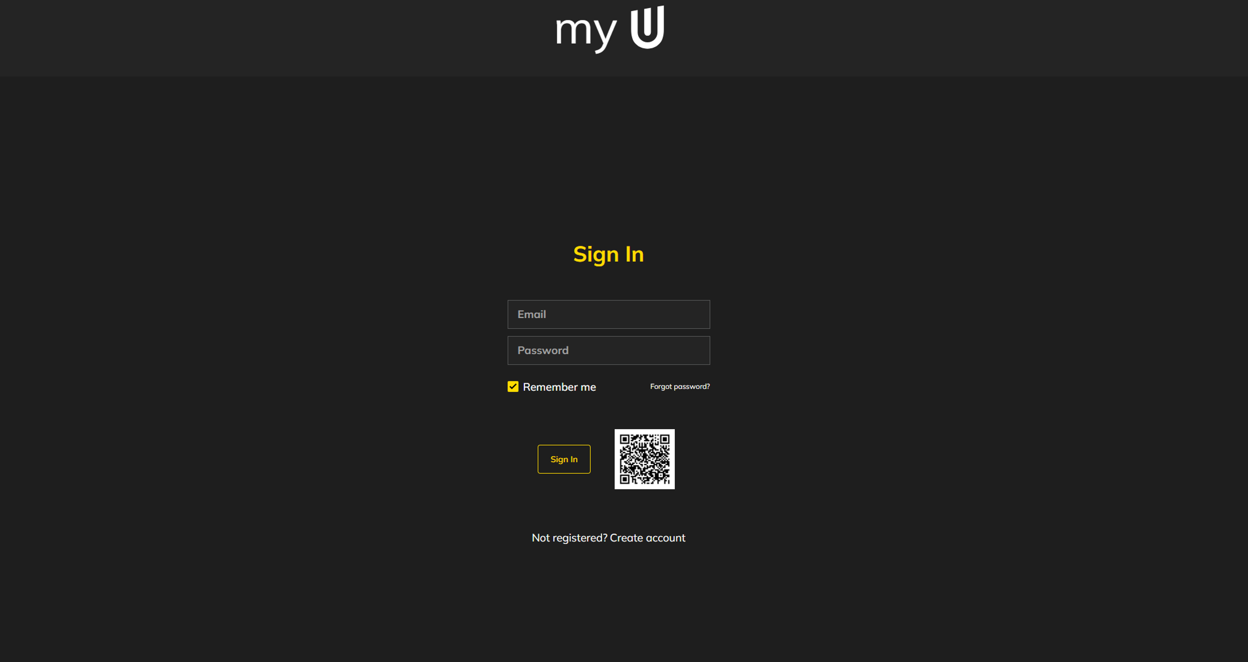 A login page for "my U" with fields for email and password, a Sign In button, and a QR code.