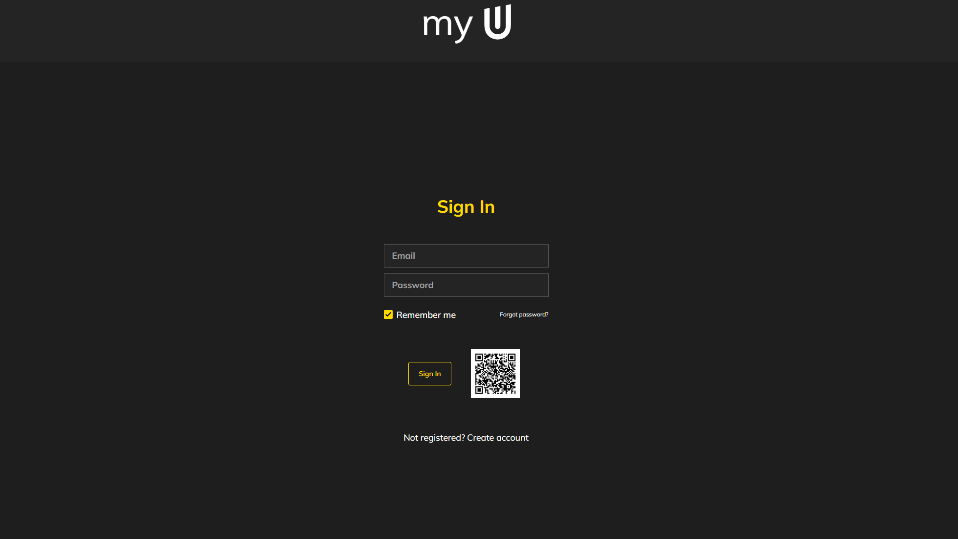 A login page for "my U" with fields for email and password, a Sign In button, and a QR code.