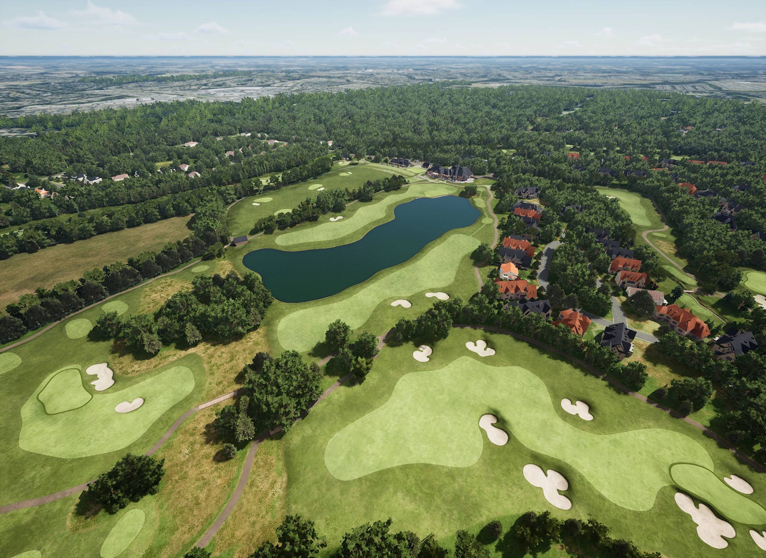 Aerial view of a golf course with a lake, residential area, and surrounding forest.
