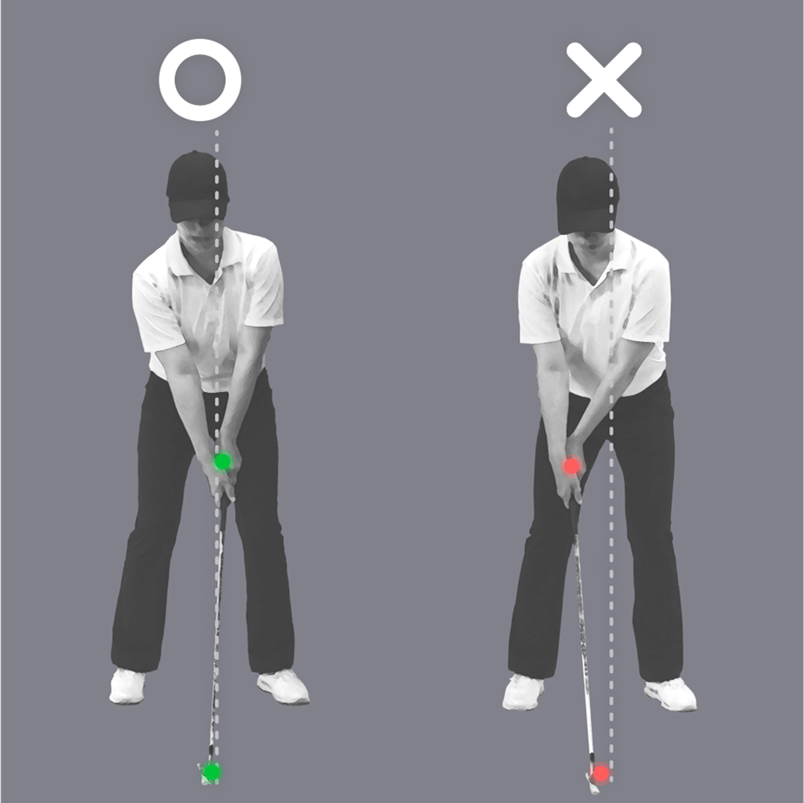 Comparison of correct (left) and incorrect (right) golf posture, demonstrating head-to-club vertical alignment.