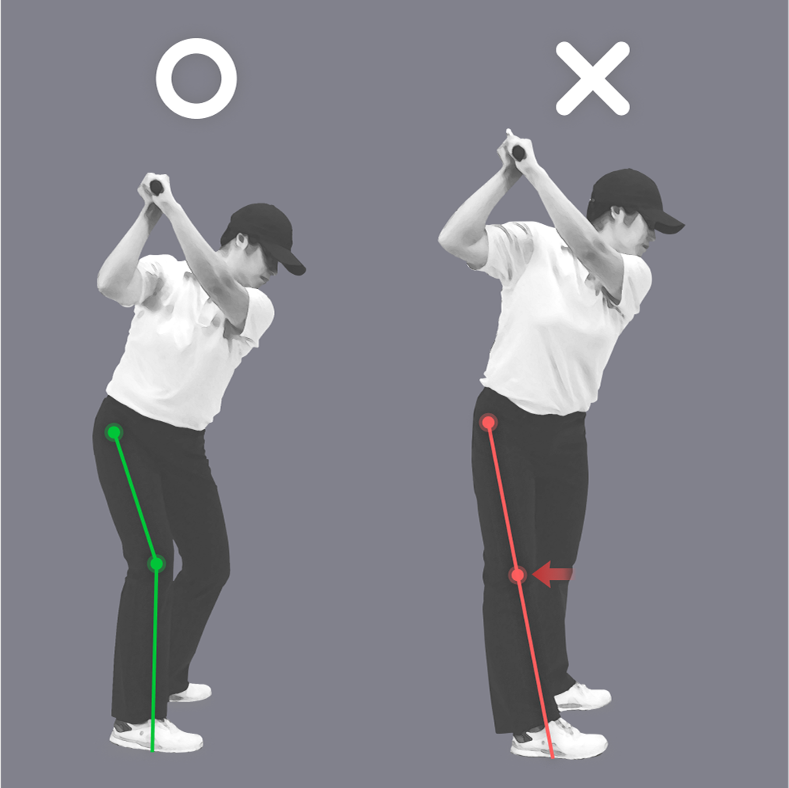 Golf instruction comparing proper (left) and improper (right) backswing leg posture, showing bent versus locked knees.
