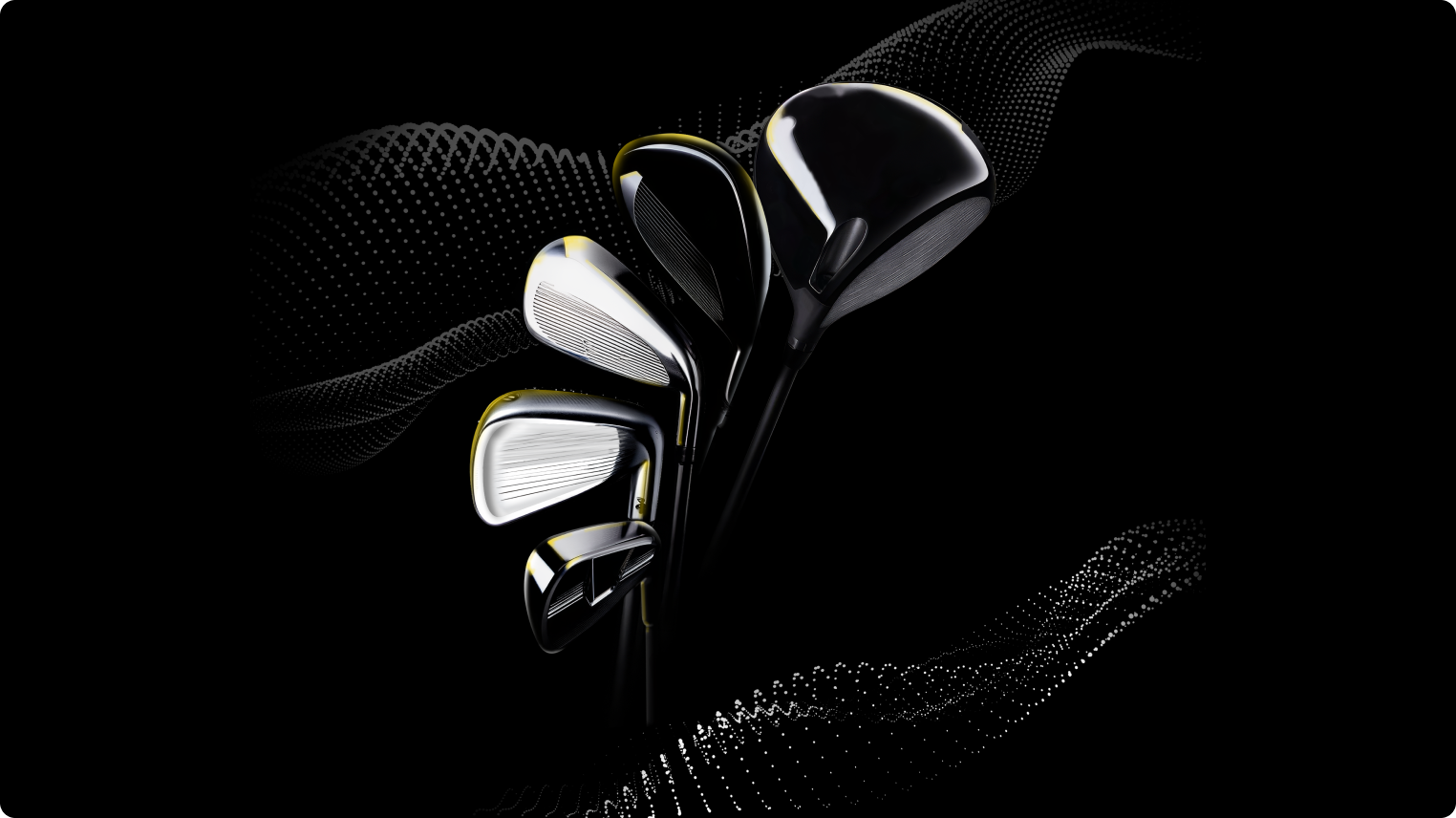 Sleek golf club heads, including irons and woods, on a black background with abstract dotted patterns.
