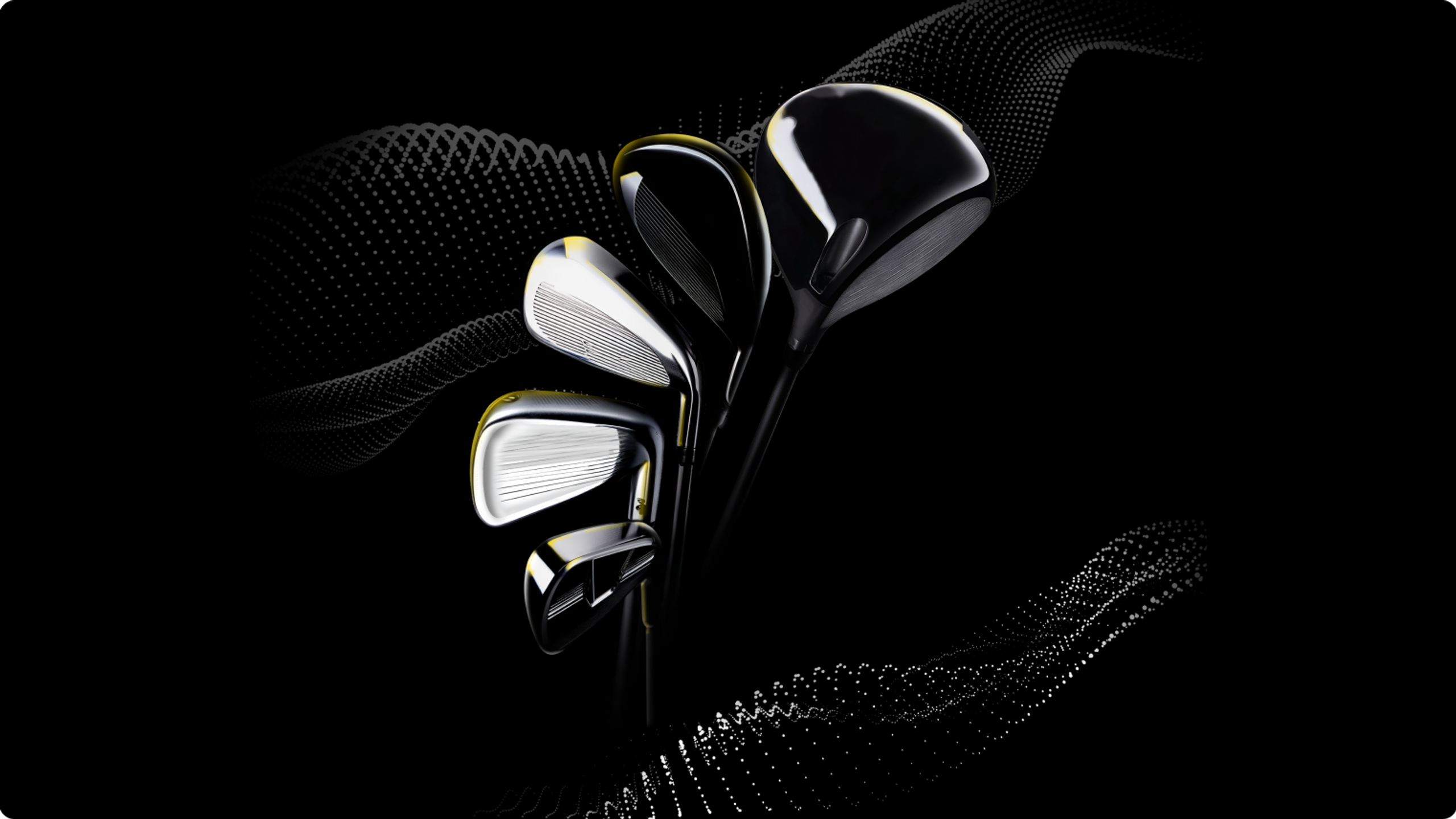 Sleek golf club heads, including irons and woods, on a black background with abstract dotted patterns.