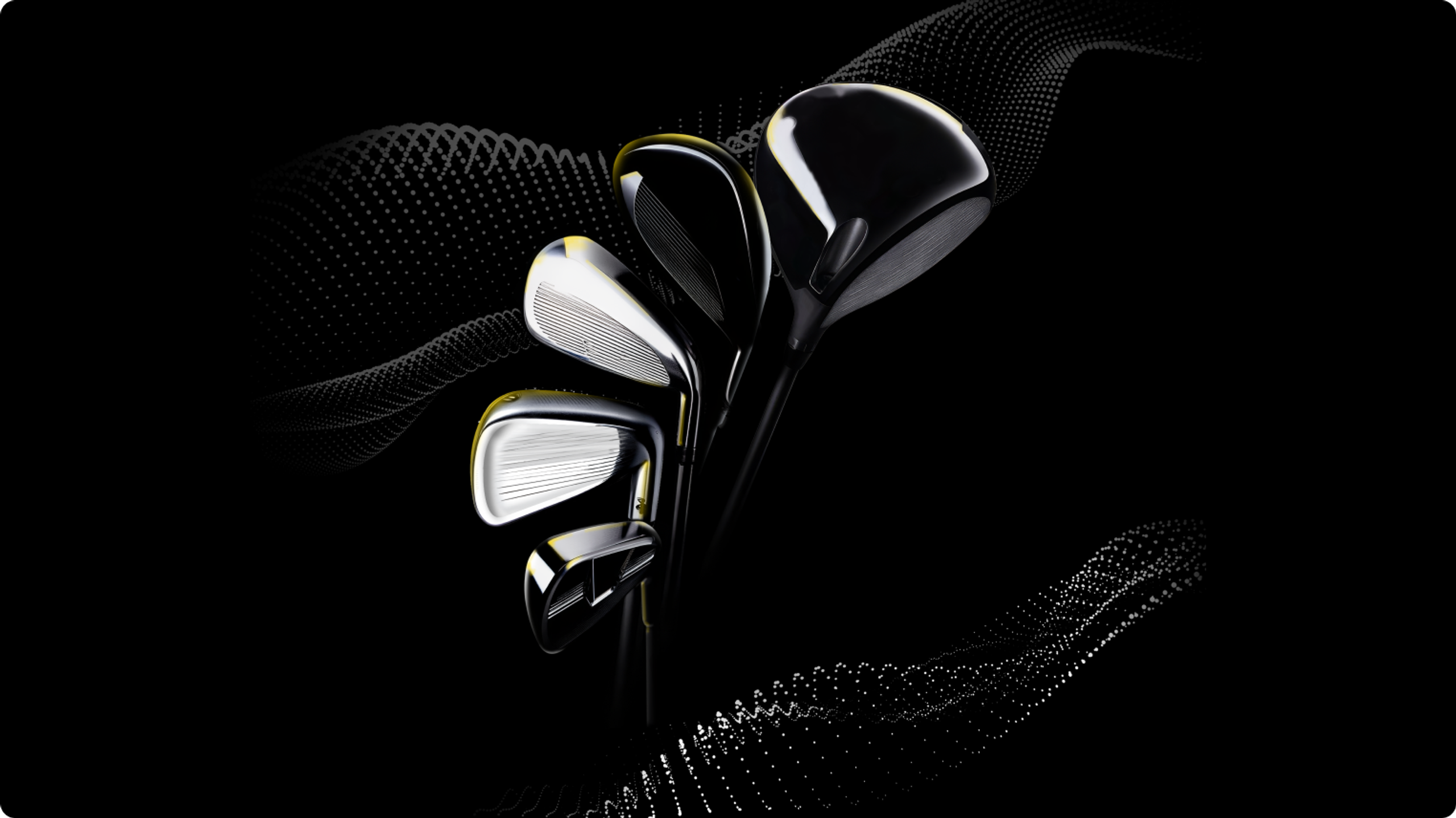 Sleek golf club heads, including irons and woods, on a black background with abstract dotted patterns.