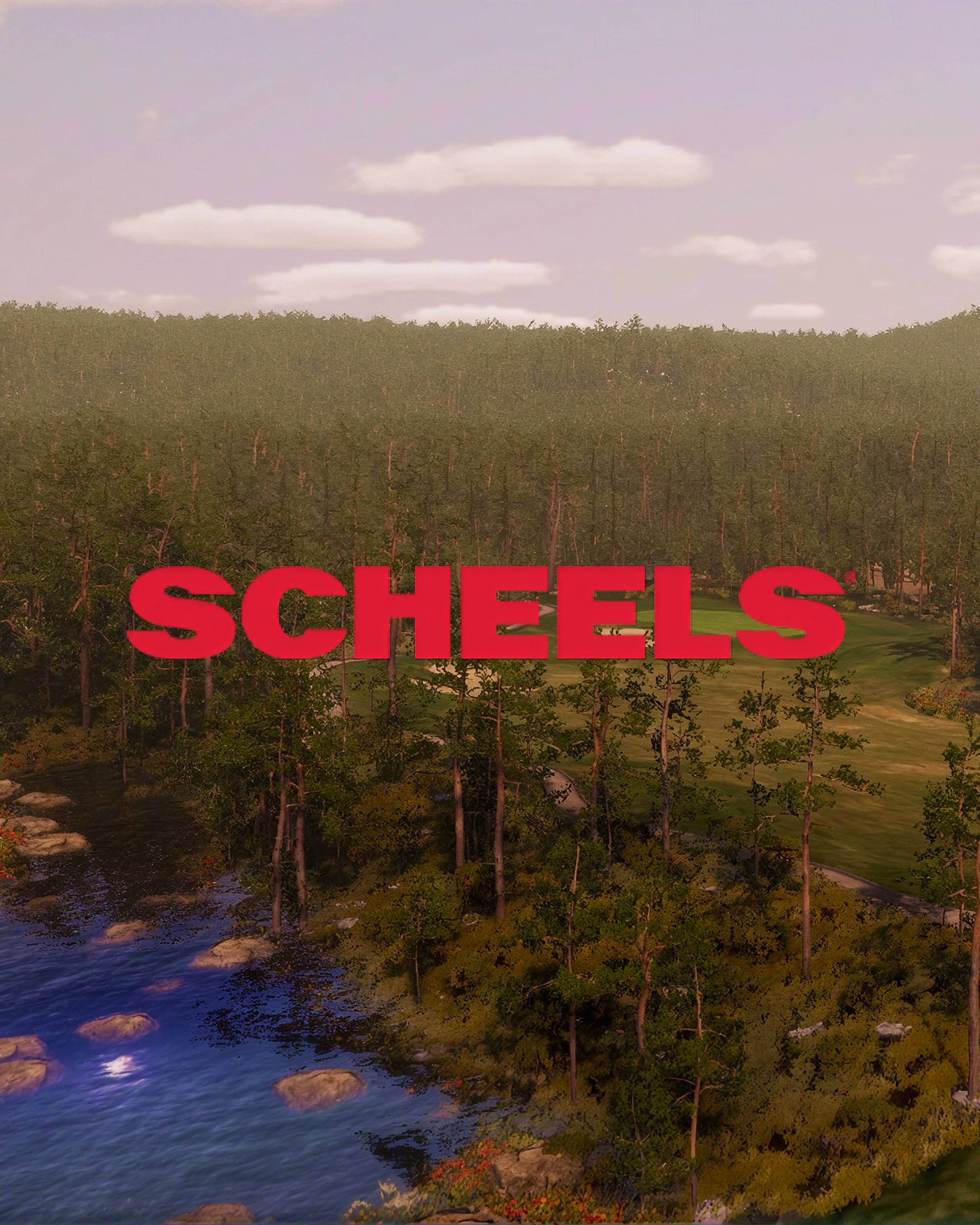 Red "SCHEELS" text superimposed over a scenic landscape with a river, dense trees, and a golf course.