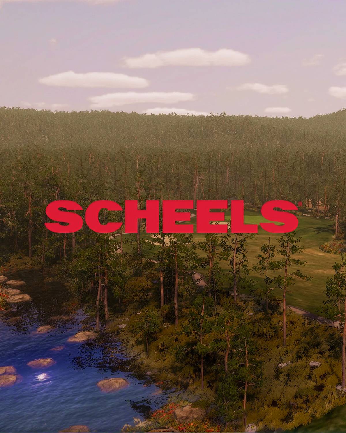 Red "SCHEELS" text superimposed over a scenic landscape with a river, dense trees, and a golf course.