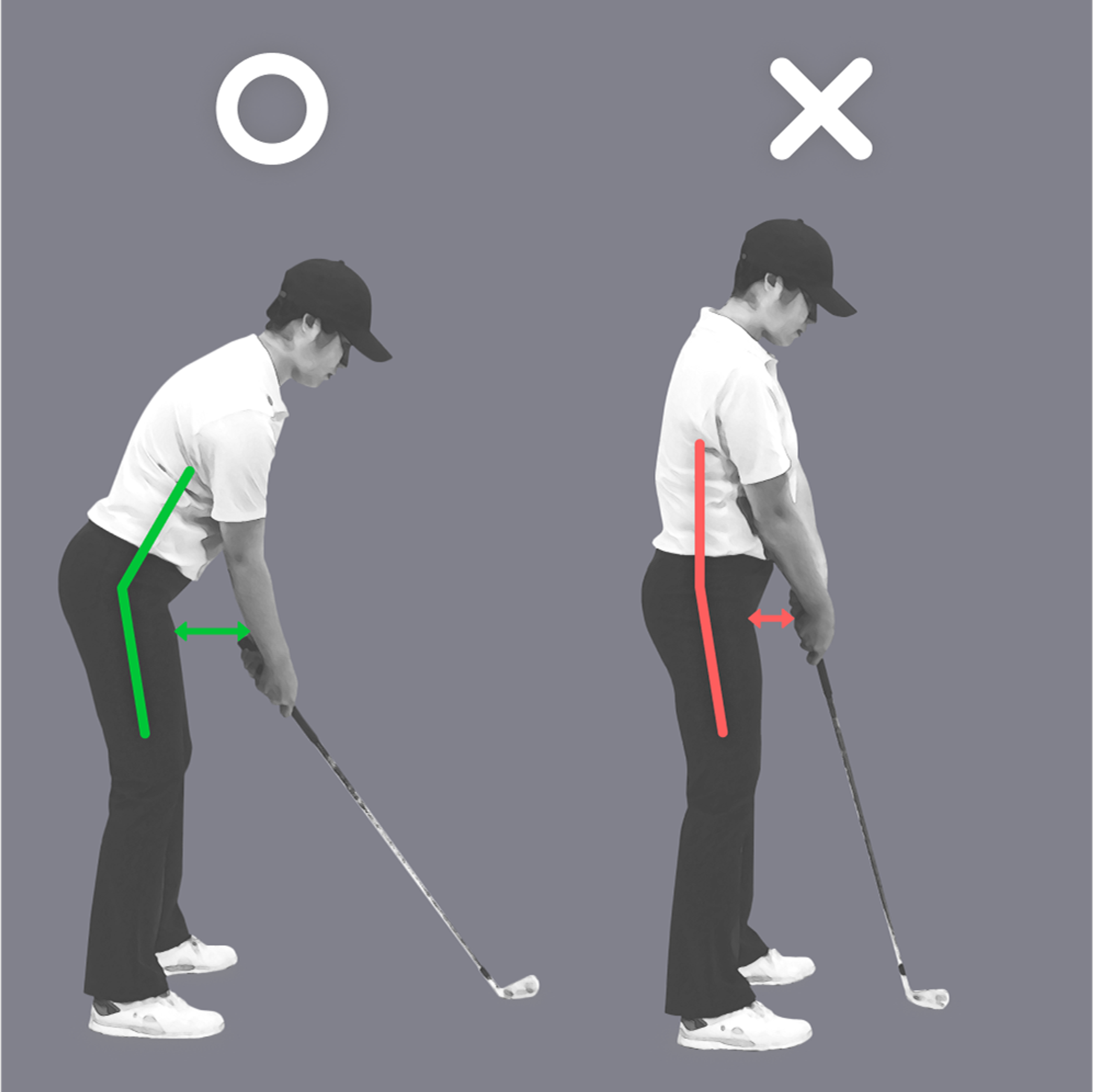 Diagram showing proper (left, green lines) and improper (right, red lines) golf setup posture.