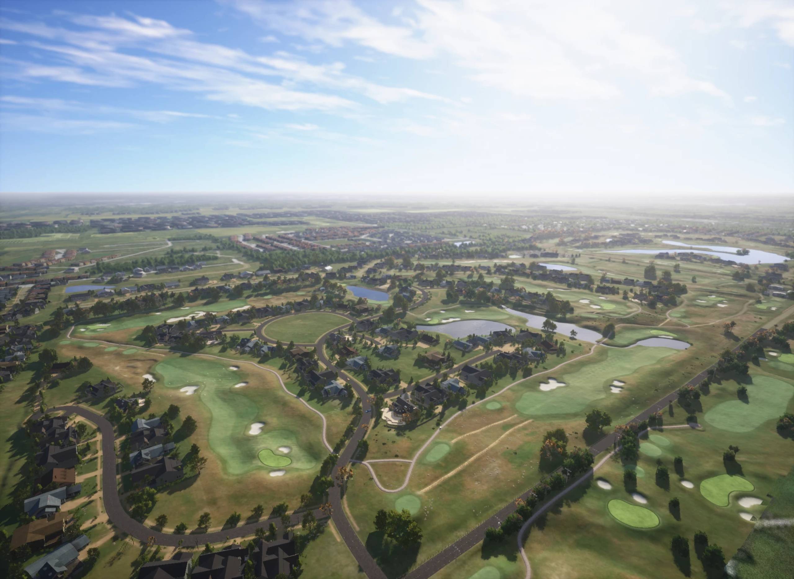 Aerial view of a sprawling golf course community with houses, lakes, and green fairways under a bright sky.