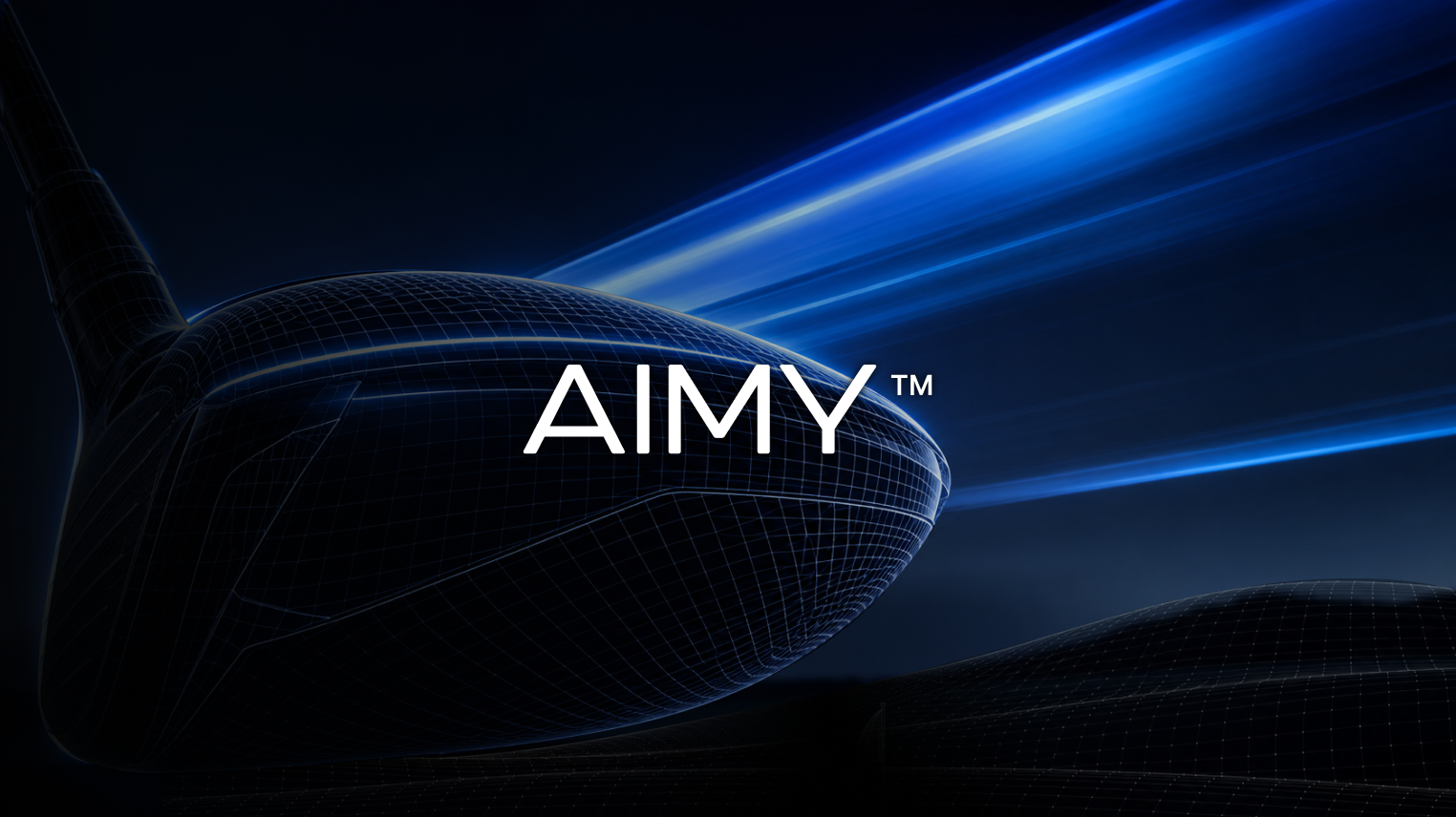 AIMY™ logo over a wireframe golf club head with blue light streaks on a dark background.
