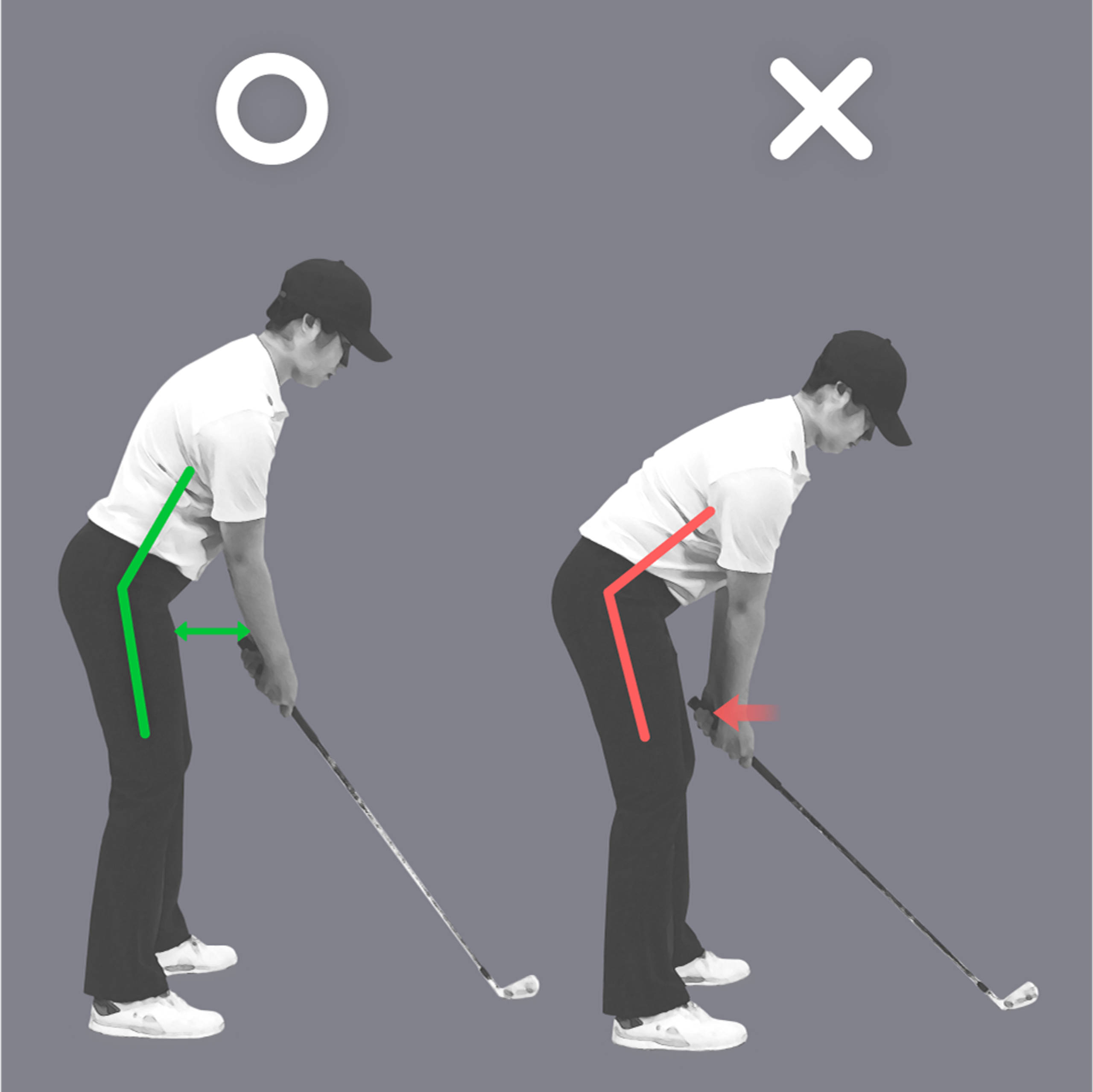A comparison of correct (left, green lines) and incorrect (right, red lines) golf address postures.