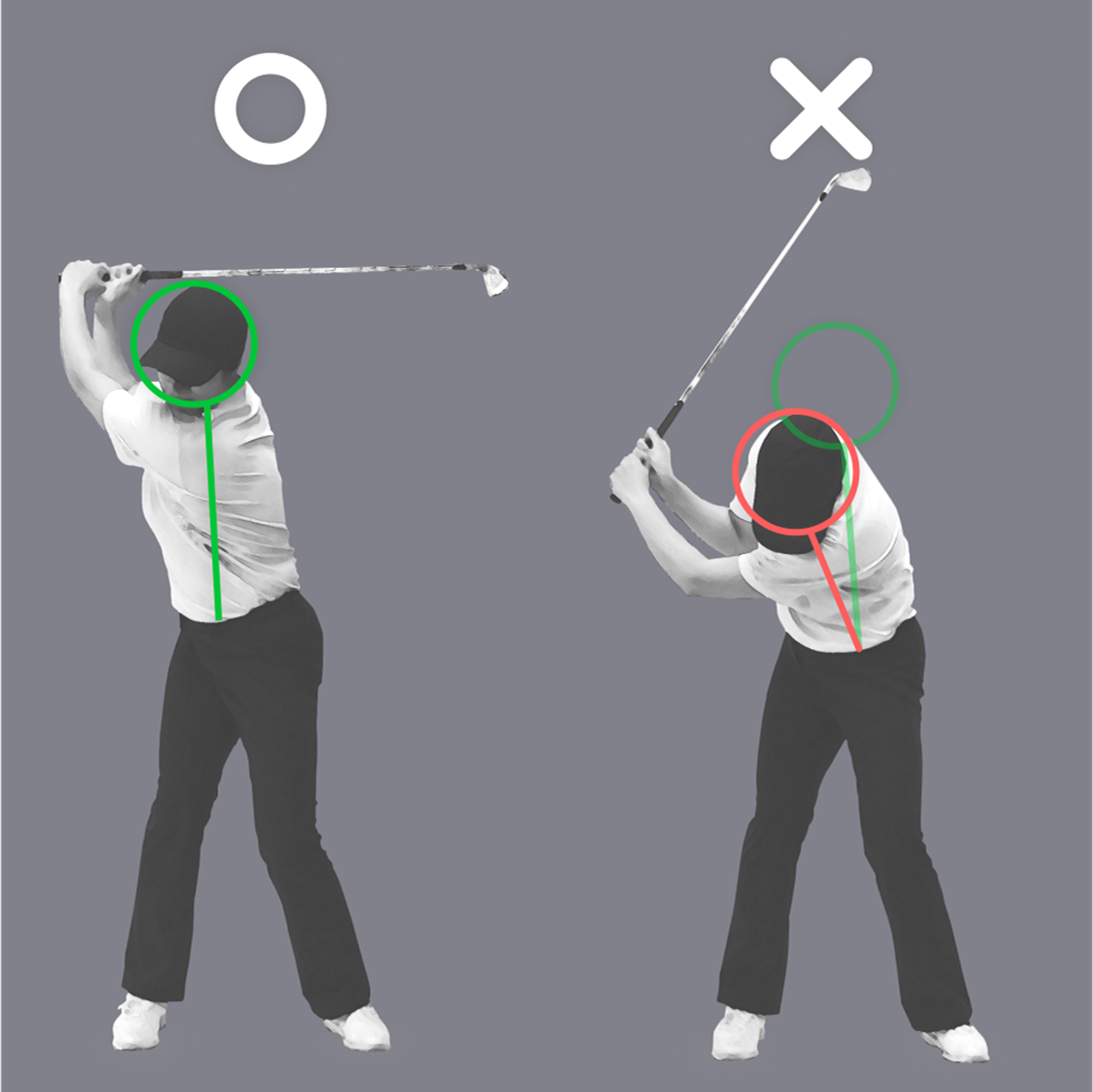 Two golfers demonstrating proper (left) and improper (right) head and spine alignment during a golf swing's backswing.