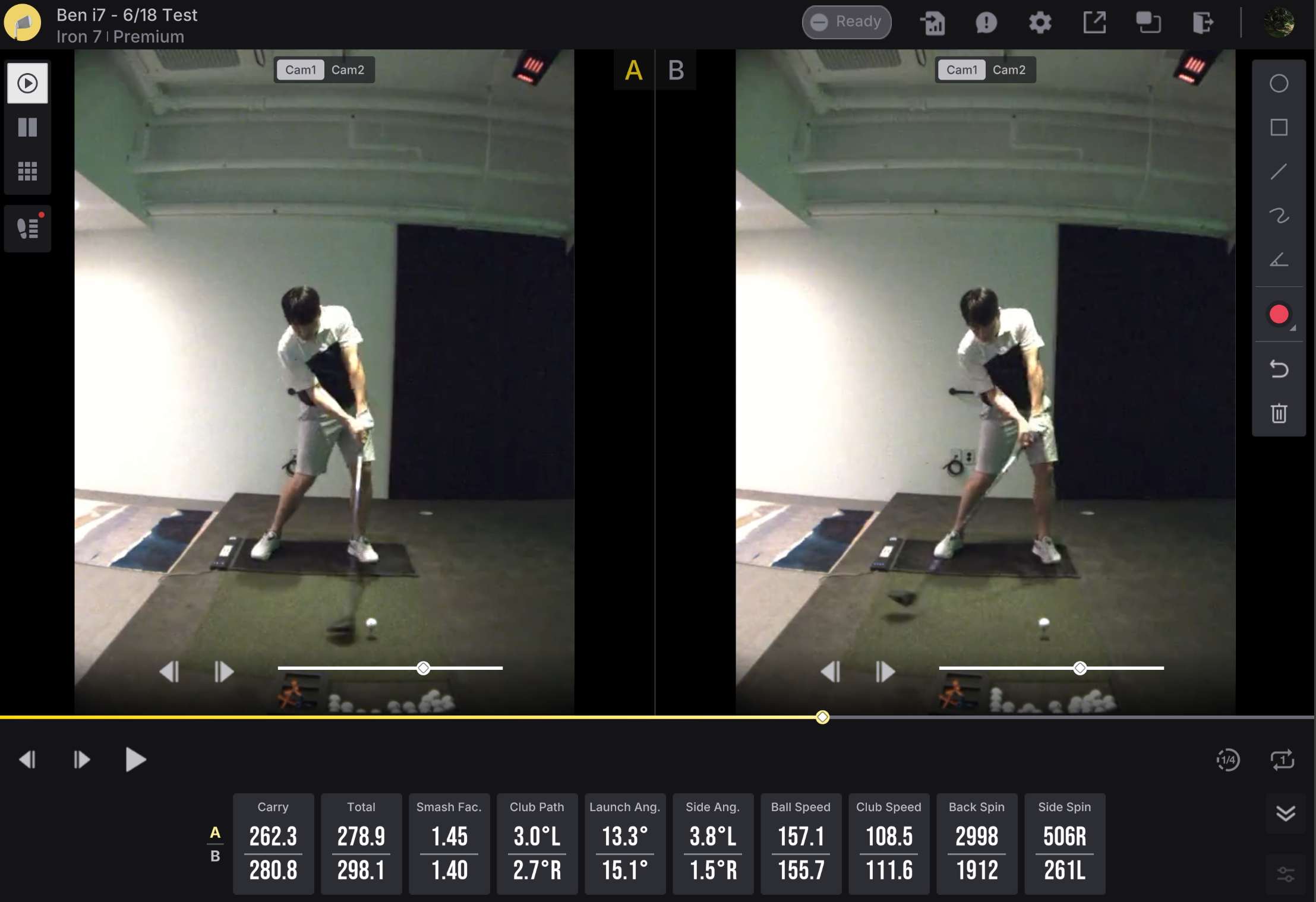 Golf swing analysis screen comparing two videos of a golfer's swing with detailed performance metrics.