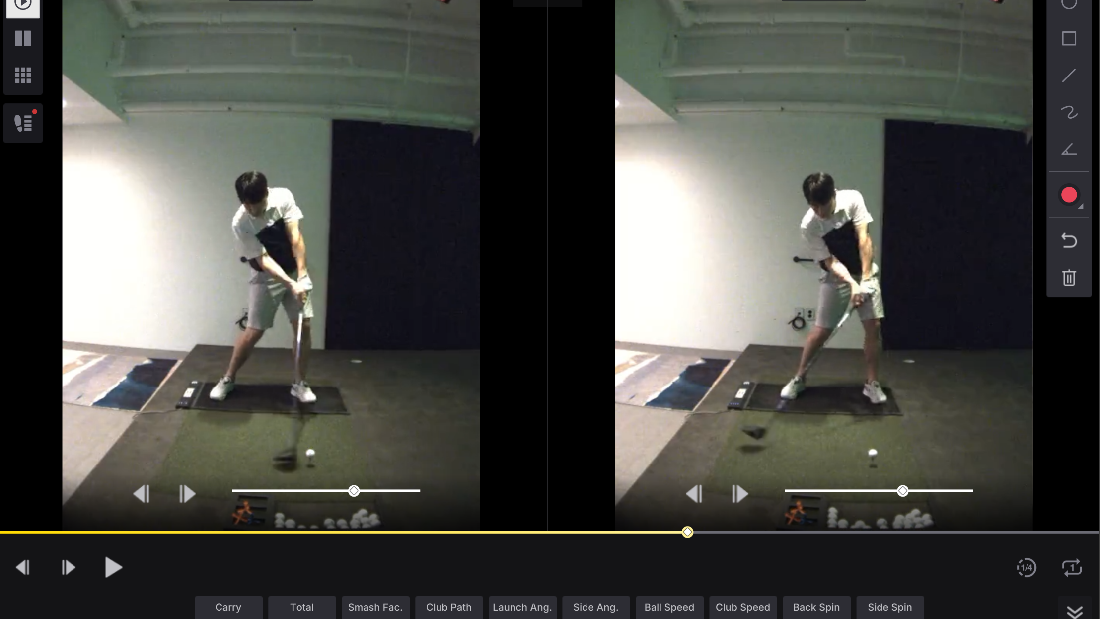 Golf swing analysis screen comparing two videos of a golfer's swing with detailed performance metrics.
