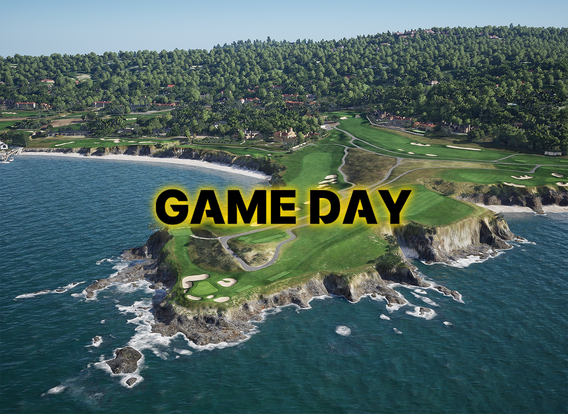 Aerial view of a coastal golf course with "GAMEDAY" text overlay.