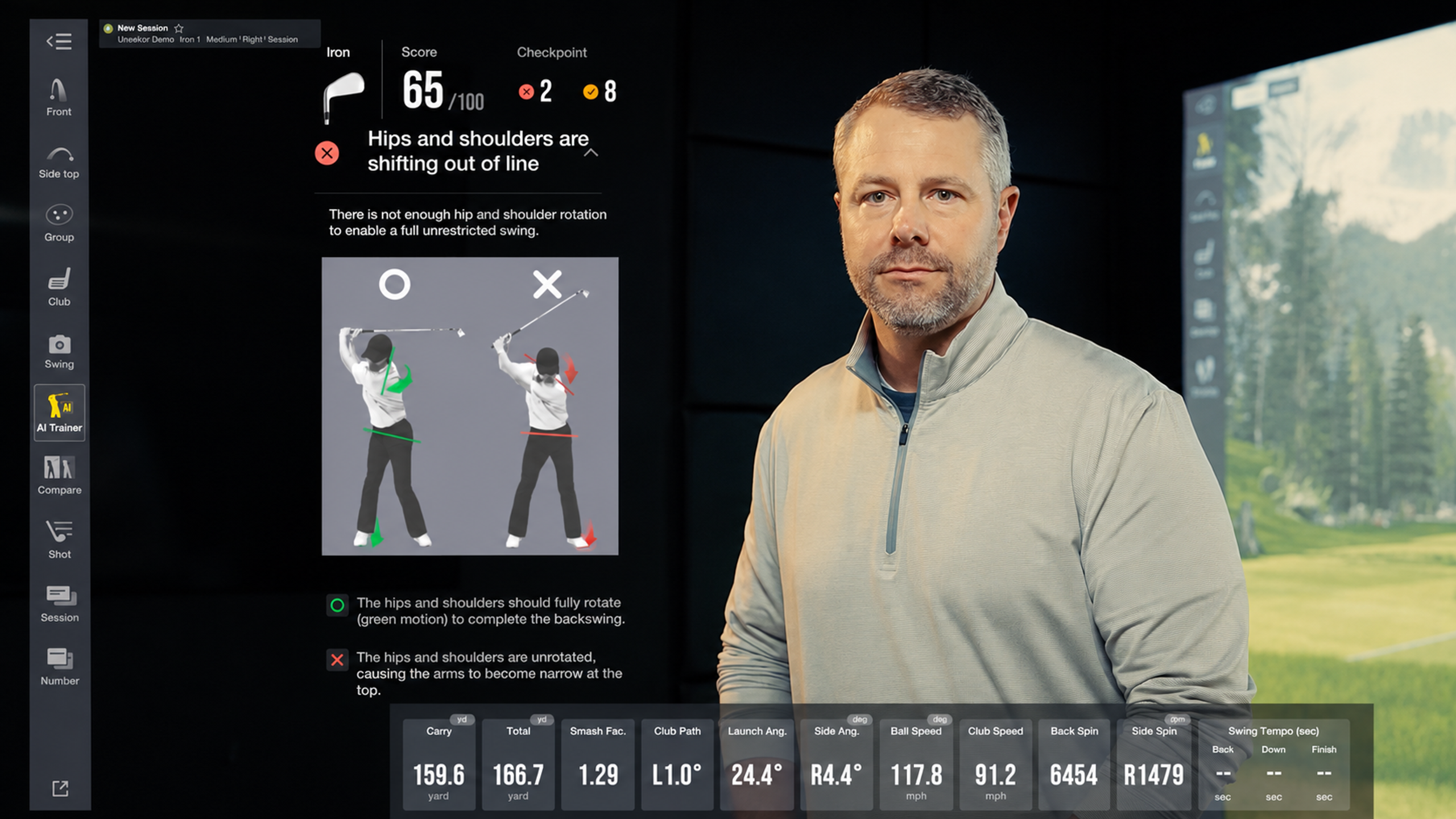 A man stands in front of a golf simulator screen displaying swing analysis data, a score of 65/100, and a virtual golf course.