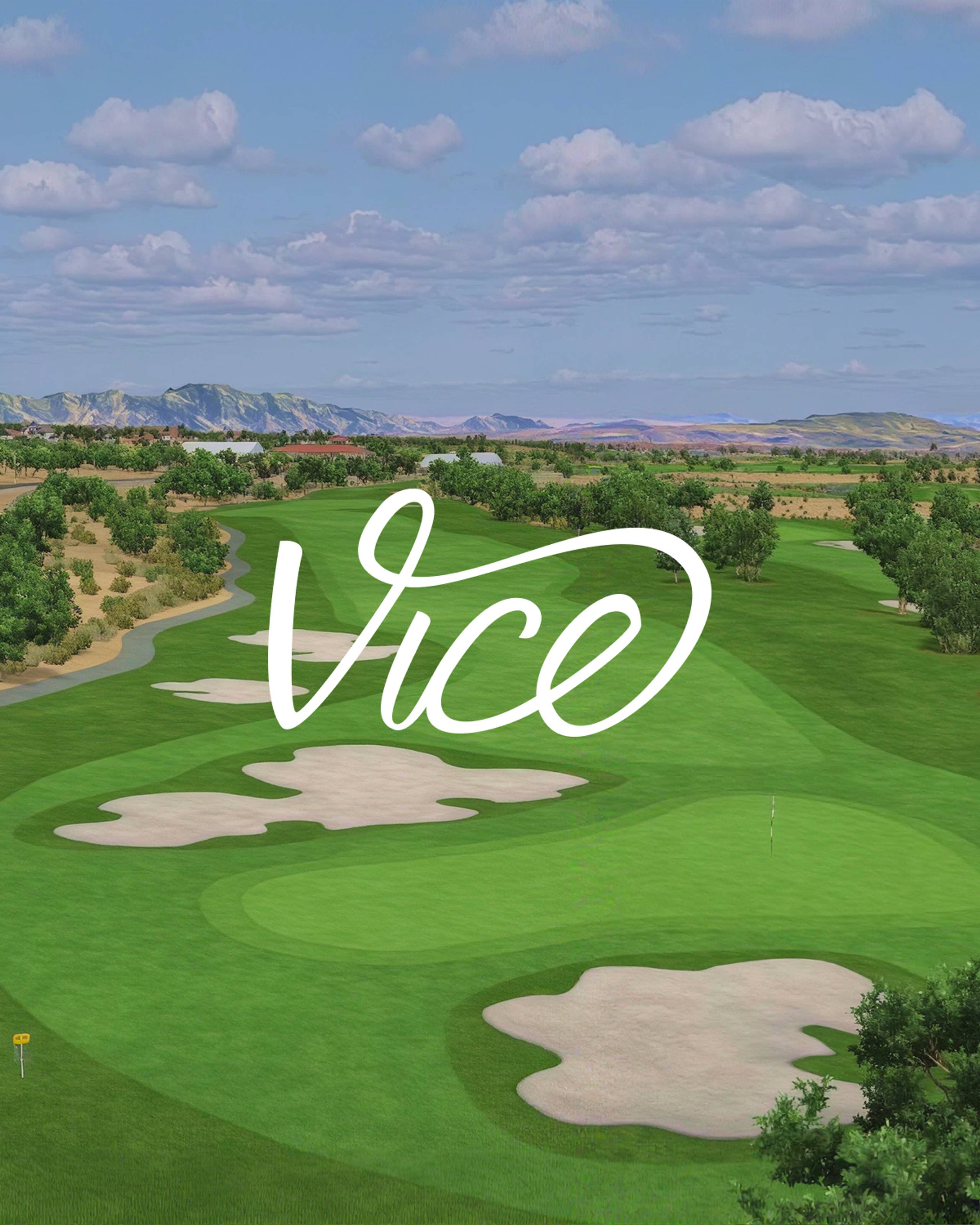 White 'Vice' logo superimposed over a golf course with sand traps and distant mountains.